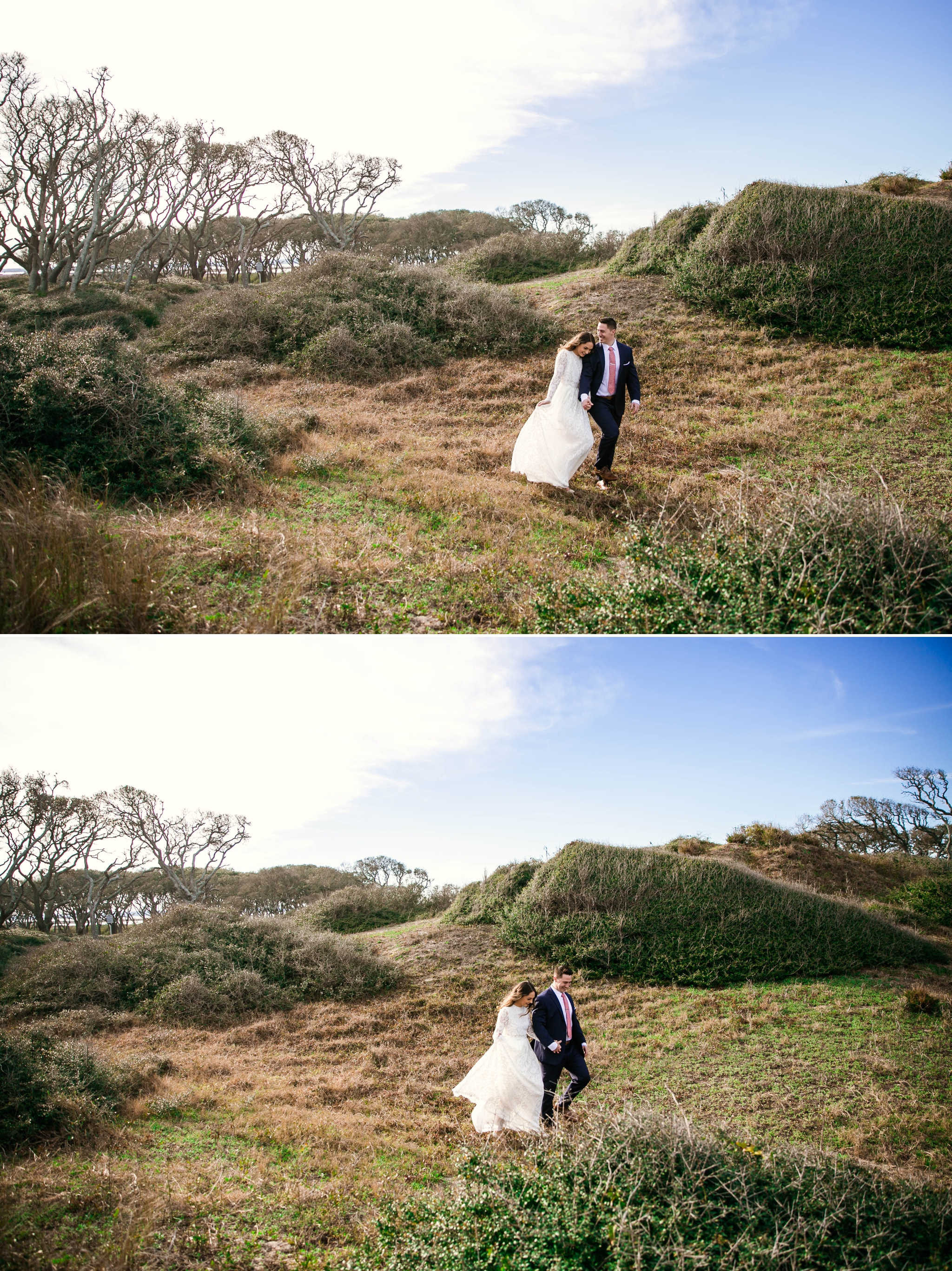 Bride and Groom walking in Lush Green Hills - Beach Elopement Photography - wedding dress by asos with purple and pink flowers and navy suit - oahu hawaii wedding photographer