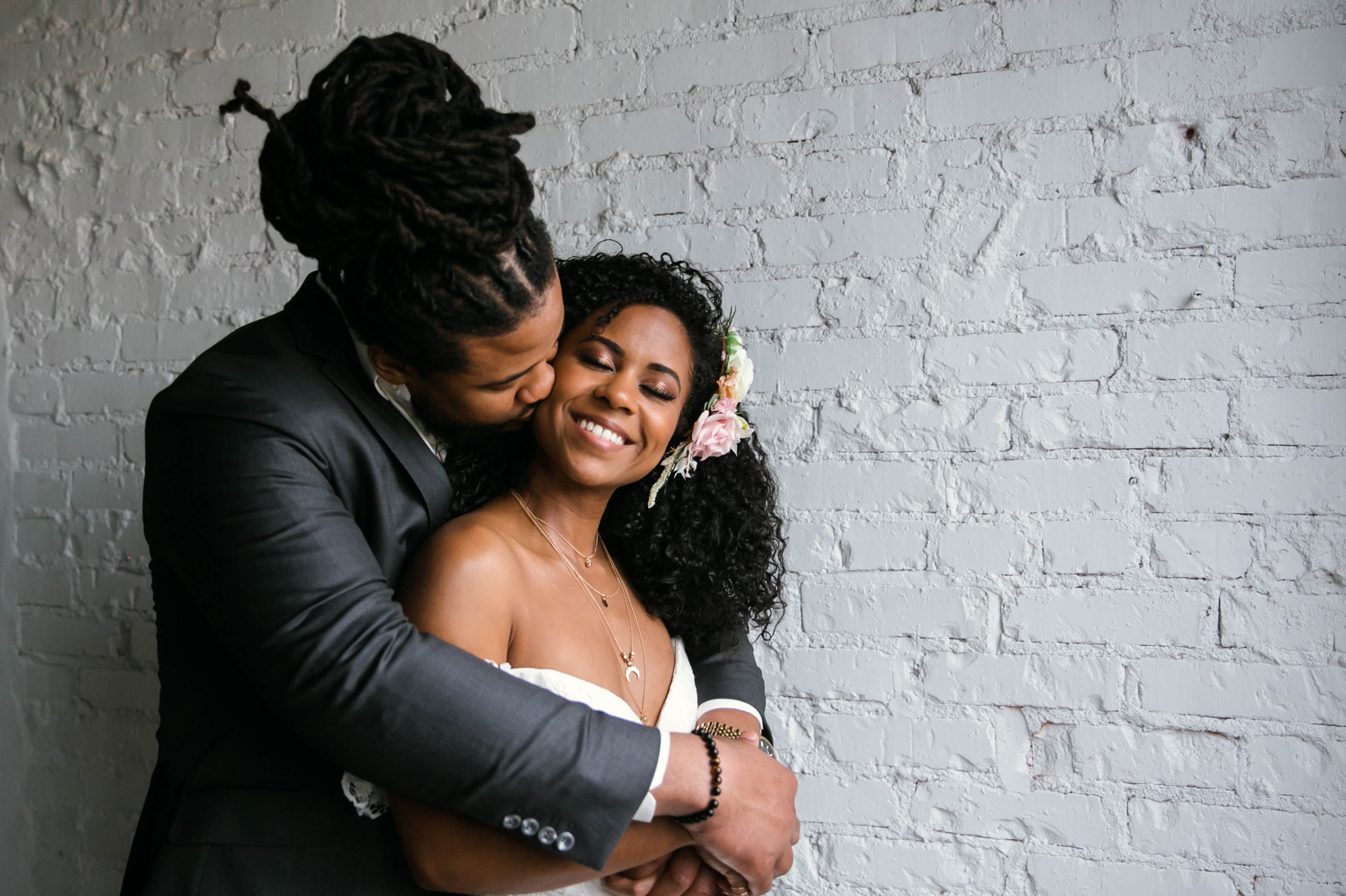 Natural light Indoor Portrait by a window of Bride and Groom - African American boho tropical wedding inspiration by Honolulu, Oahu, Hawaii Photographer - Black Love