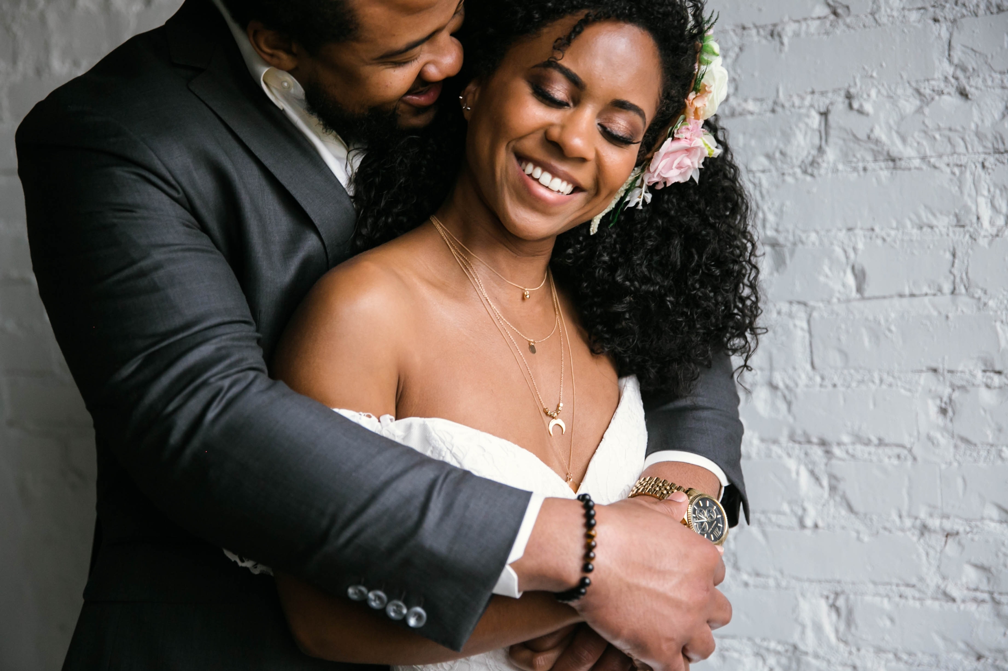 Natural light Indoor Portrait by a window of Bride and Groom - Black Love boho tropical wedding inspiration by Honolulu, Oahu, Hawaii Photographer - African American Couple