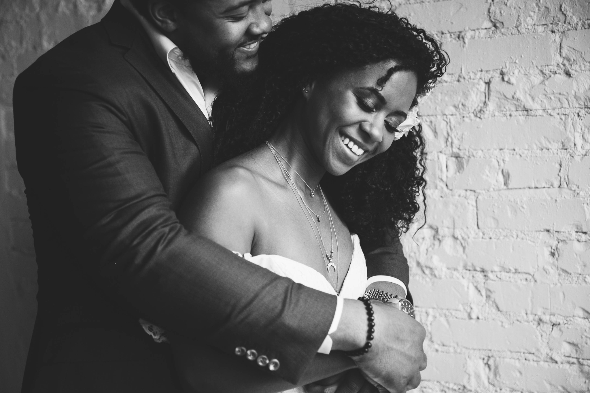 Natural light Indoor Portrait by a window of Bride and Groom - Black Love boho tropical wedding inspiration by Honolulu, Oahu, Hawaii Photographer - African American Couple