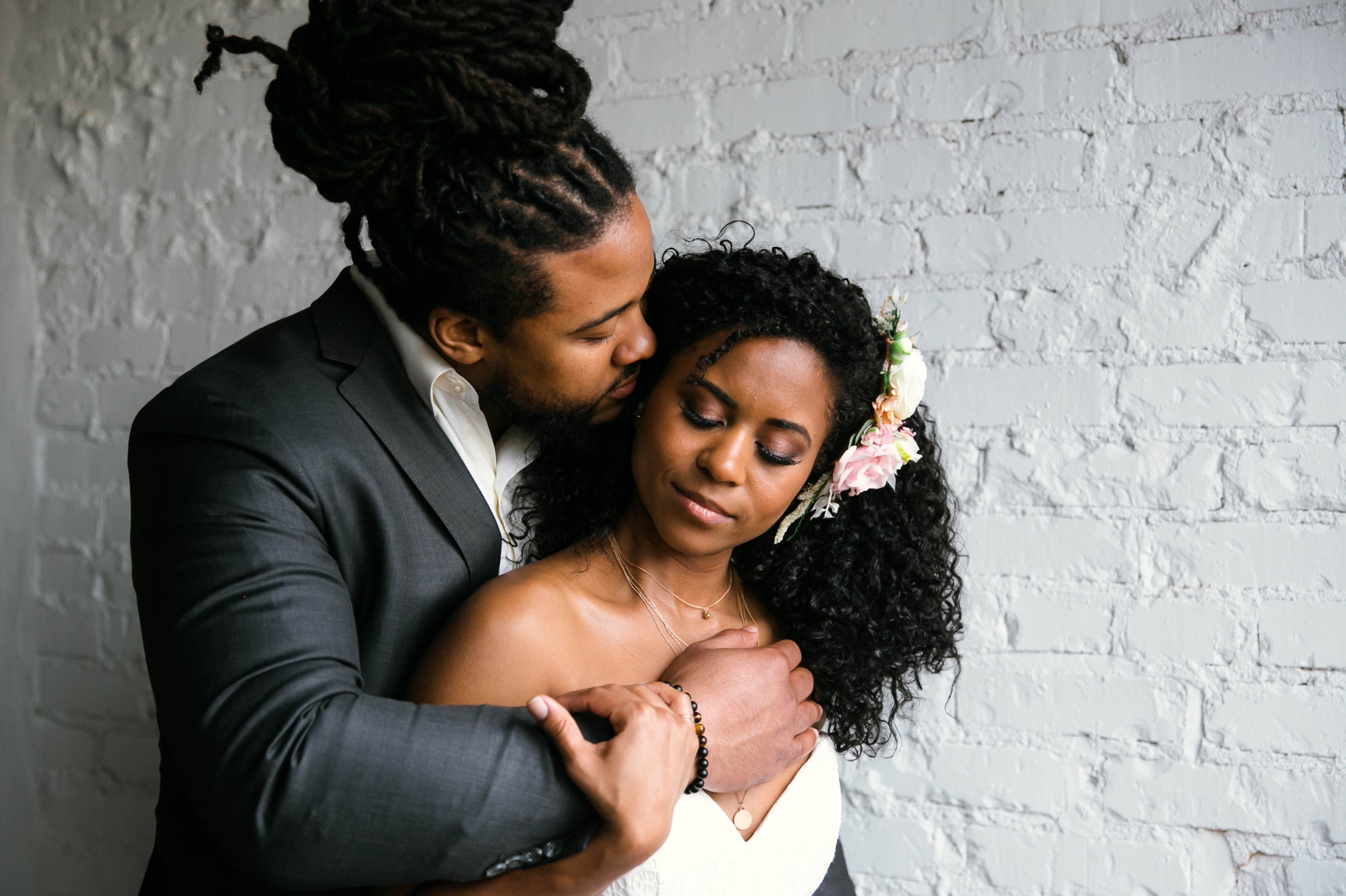 Natural light Indoor Portrait by a window of Bride and Groom - Black Love boho tropical wedding inspiration by Honolulu, Oahu, Hawaii Photographer - African American Couple