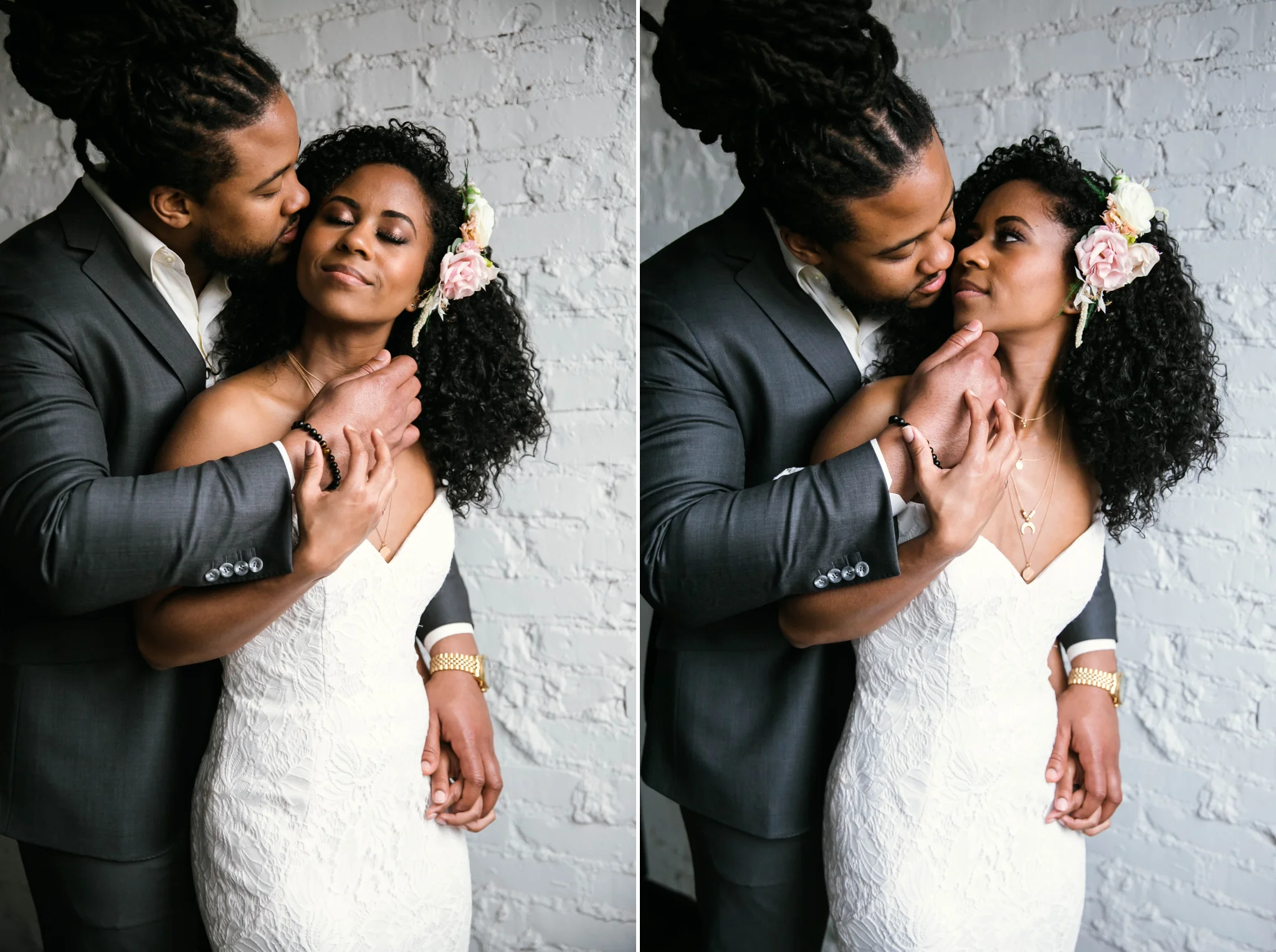 Natural light Indoor Portrait by a window of Bride and Groom - Black Love boho tropical wedding inspiration by Honolulu, Oahu, Hawaii Photographer - African American Couple