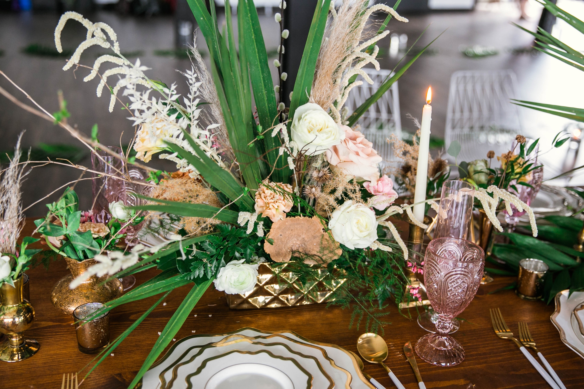  colorful flowers and big tropical center piece on a wooden family style table - Destination Wedding Inspiration - Honolulu, Oahu, Hawaii Photographer 