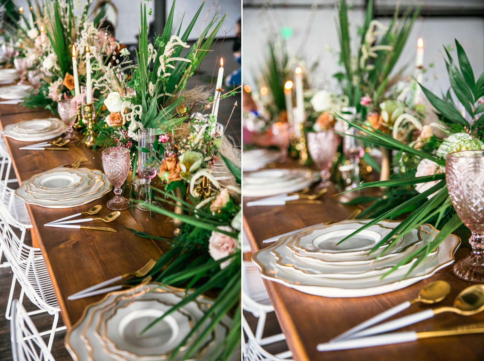  Wedding Table Setting with white and gold plates, pink glass wear, gold and white silverware - colorful flowers and tropical center piece - Destination Wedding Inspiration - Honolulu, Oahu, Hawaii Photographer 