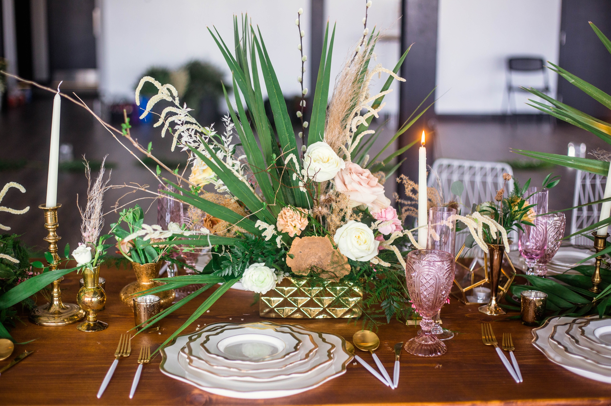  Wedding Table Setting with white and gold plates, pink glass wear, gold and white silverware - colorful flowers and tropical center piece - Destination Wedding Inspiration - Honolulu, Oahu, Hawaii Photographer 