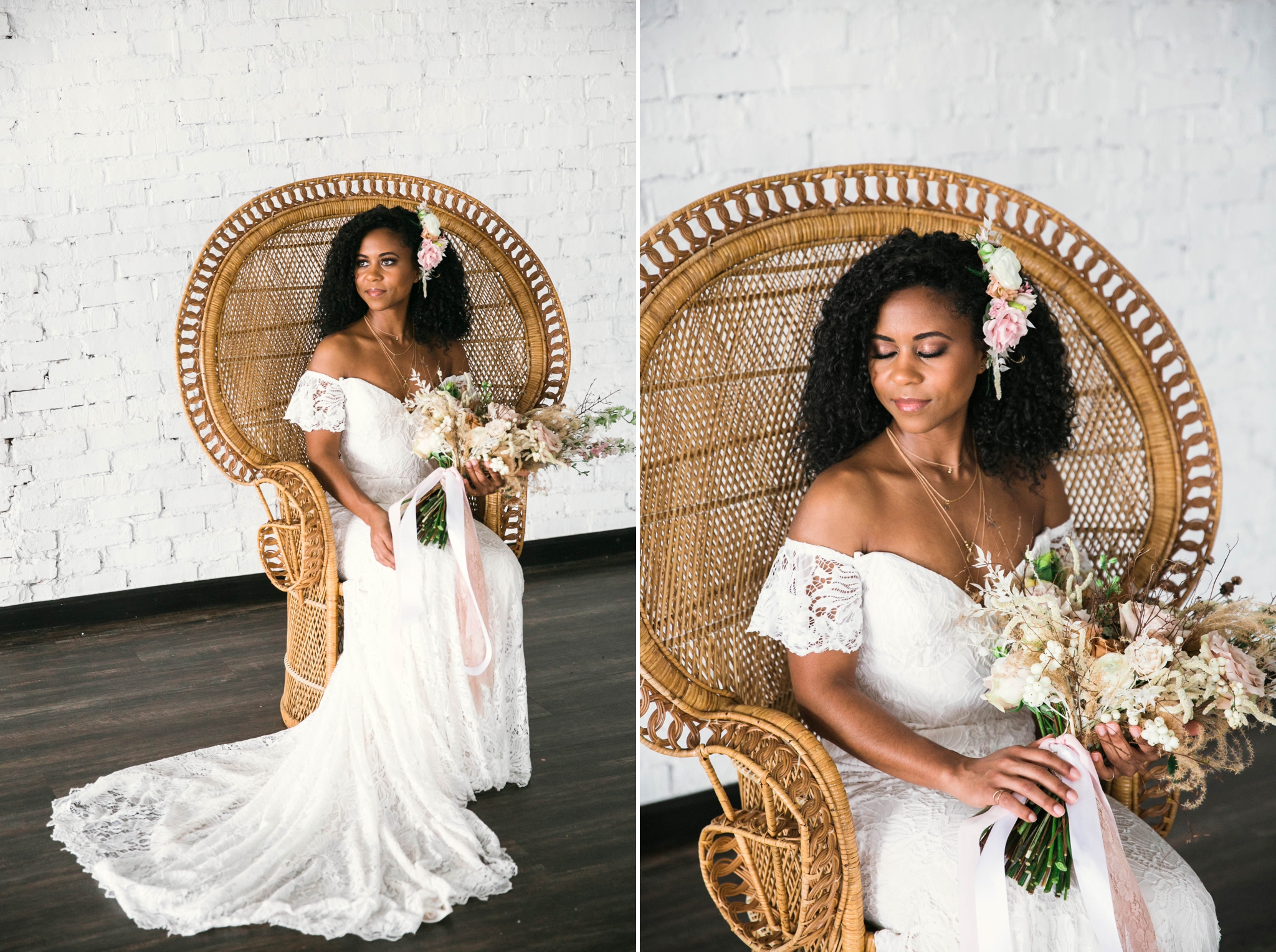  Indoor Wedding Portraits, shot with natural light - black love - african american bride with natural hair sitting in a Midcentury Woven Wicker Peacock Chair in a boho wedding dress with a big bouquet - tropical inspiration - honolulu, oahu, hawaii p