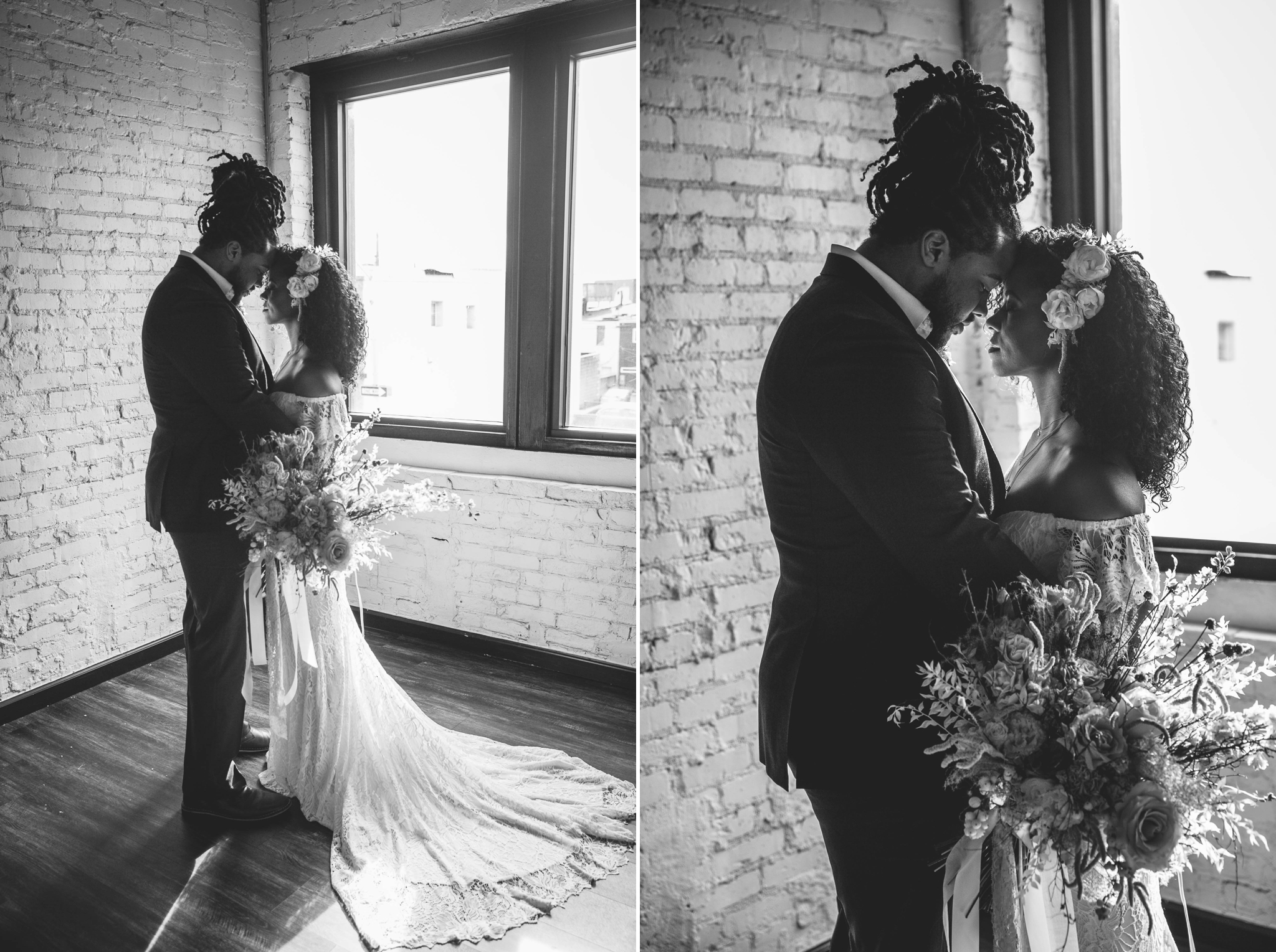  Black and White photos - Natural light Indoor Portrait by a window of Bride and Groom - Black Love boho tropical wedding inspiration by Honolulu, Oahu, Hawaii Photographer - African American Couple 