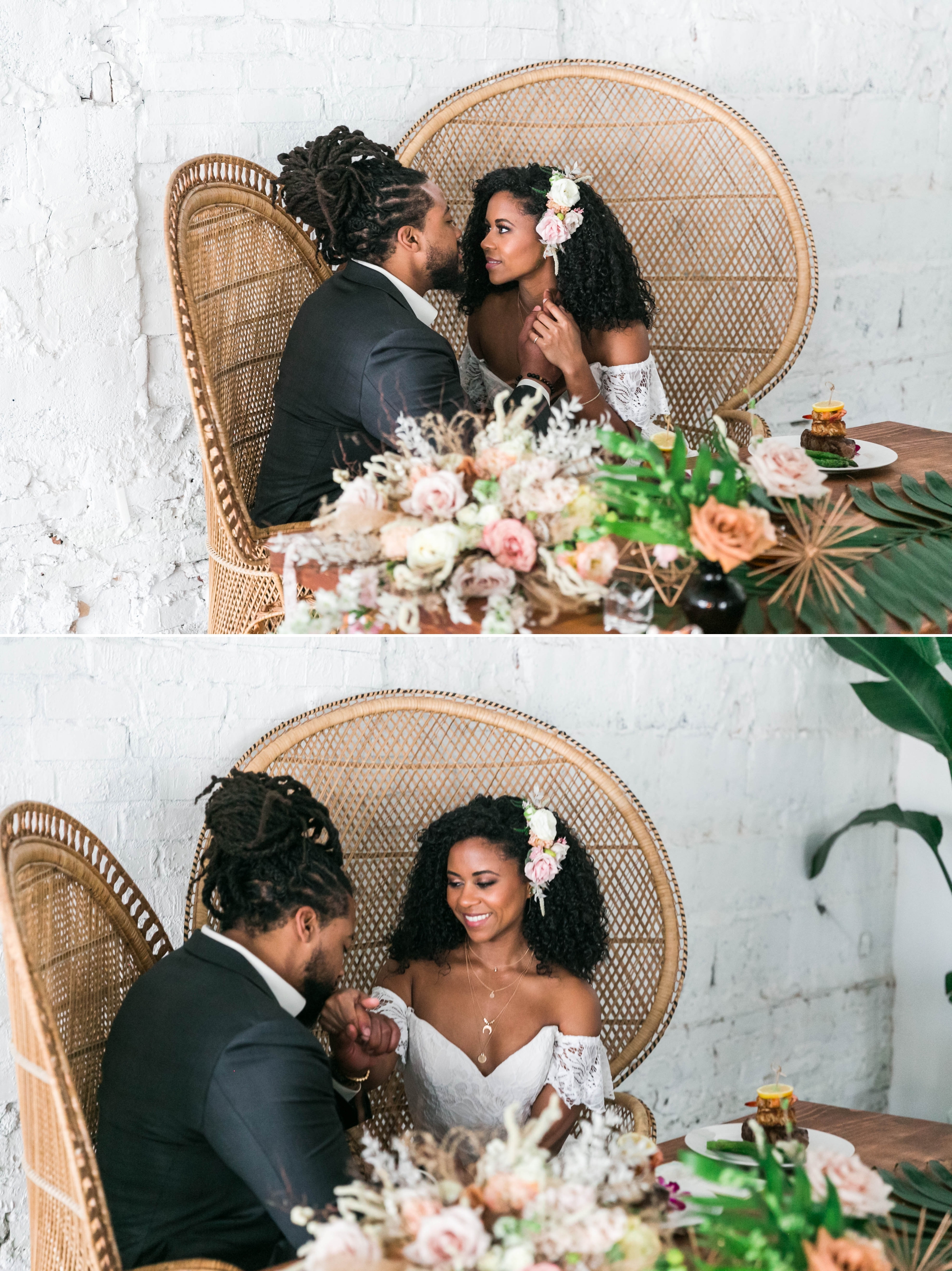  Bride and groom at the sweetheart table at their wedding reception sitting in Midcentury Woven Wicker Peacock Chairs - Black Love - Tropical Destination Wedding Inspiration - Oahu Hawaii Wedding Photography - indoor natural light photographer  