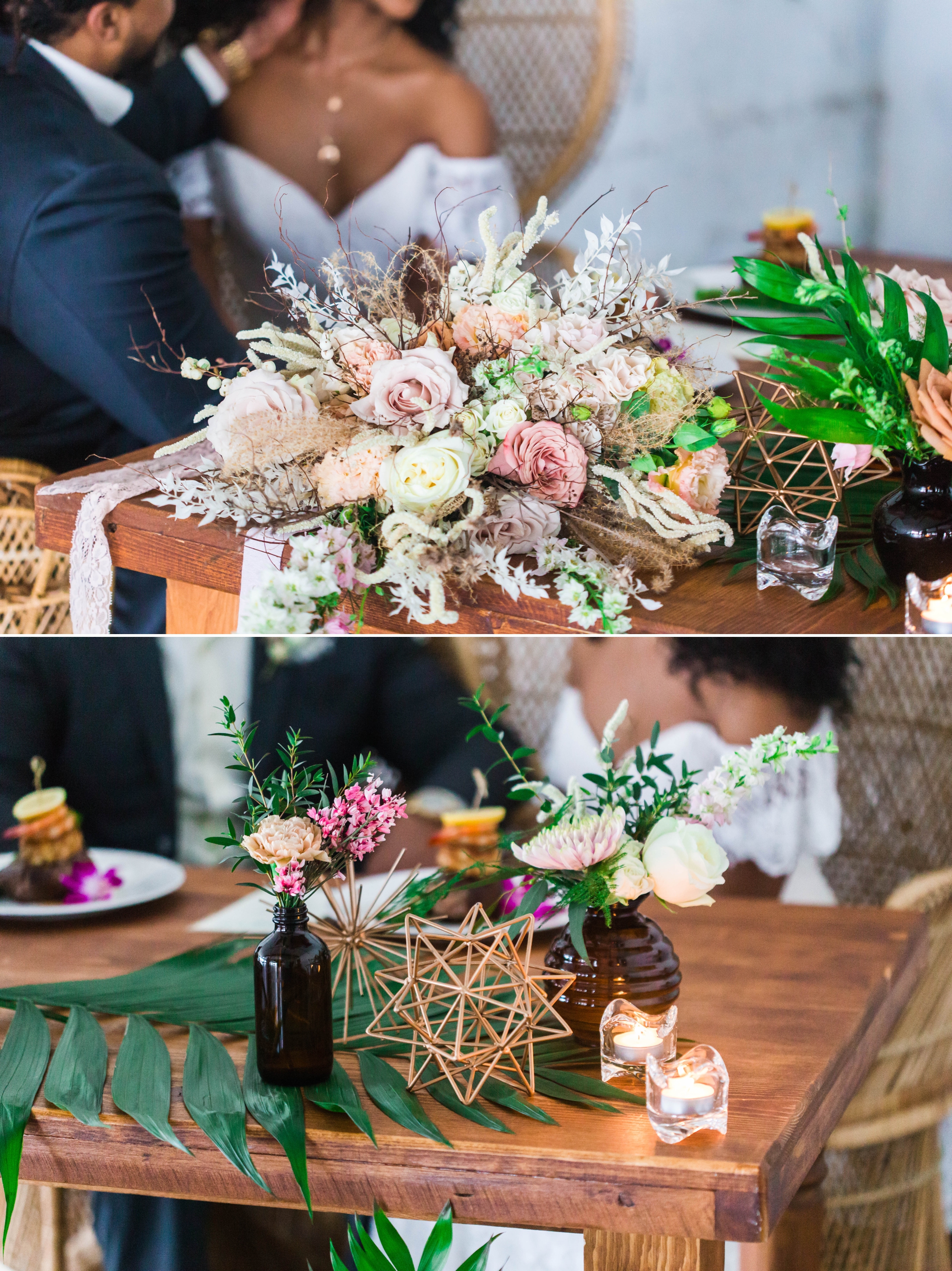  Bride and groom at the sweetheart table at their wedding reception sitting in Midcentury Woven Wicker Peacock Chairs - Black Love - Tropical Destination Wedding Inspiration - Oahu Hawaii Wedding Photography - indoor natural light photographer 