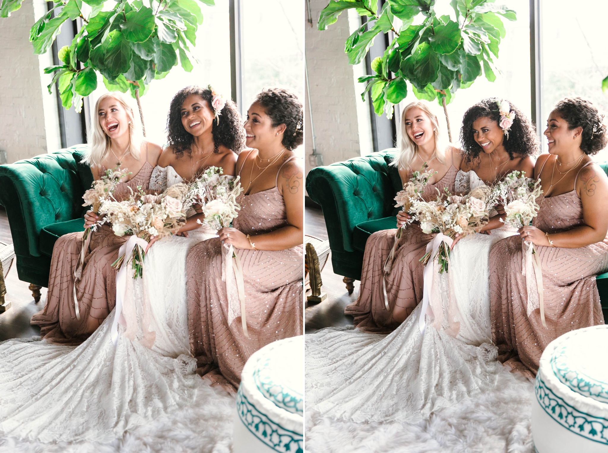  Indoor Natural light portrait of a black bride and her bridesmaids in a boho wedding dress with light pink bridesmaids dresses sitting on an emerald tufted sofa - laughing and having fun with each other-  flowers in natural african american hair - o