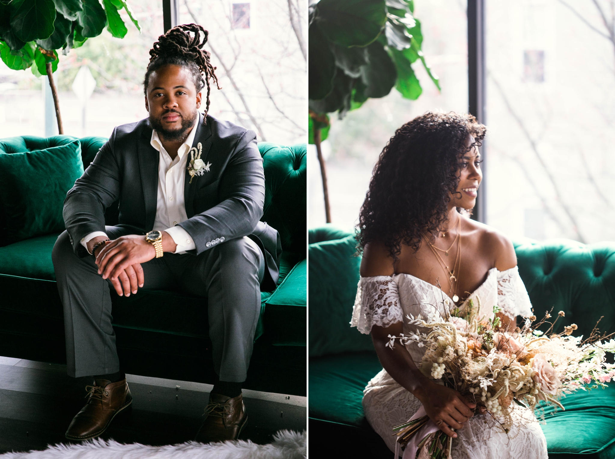  Indoor Natural light portrait of a black bride  in a boho wedding dress and her groom sitting on an emerald tufted sofa - laughing and having fun with each other- flowers in natural african american hair - oahu hawaii wedding photographer 