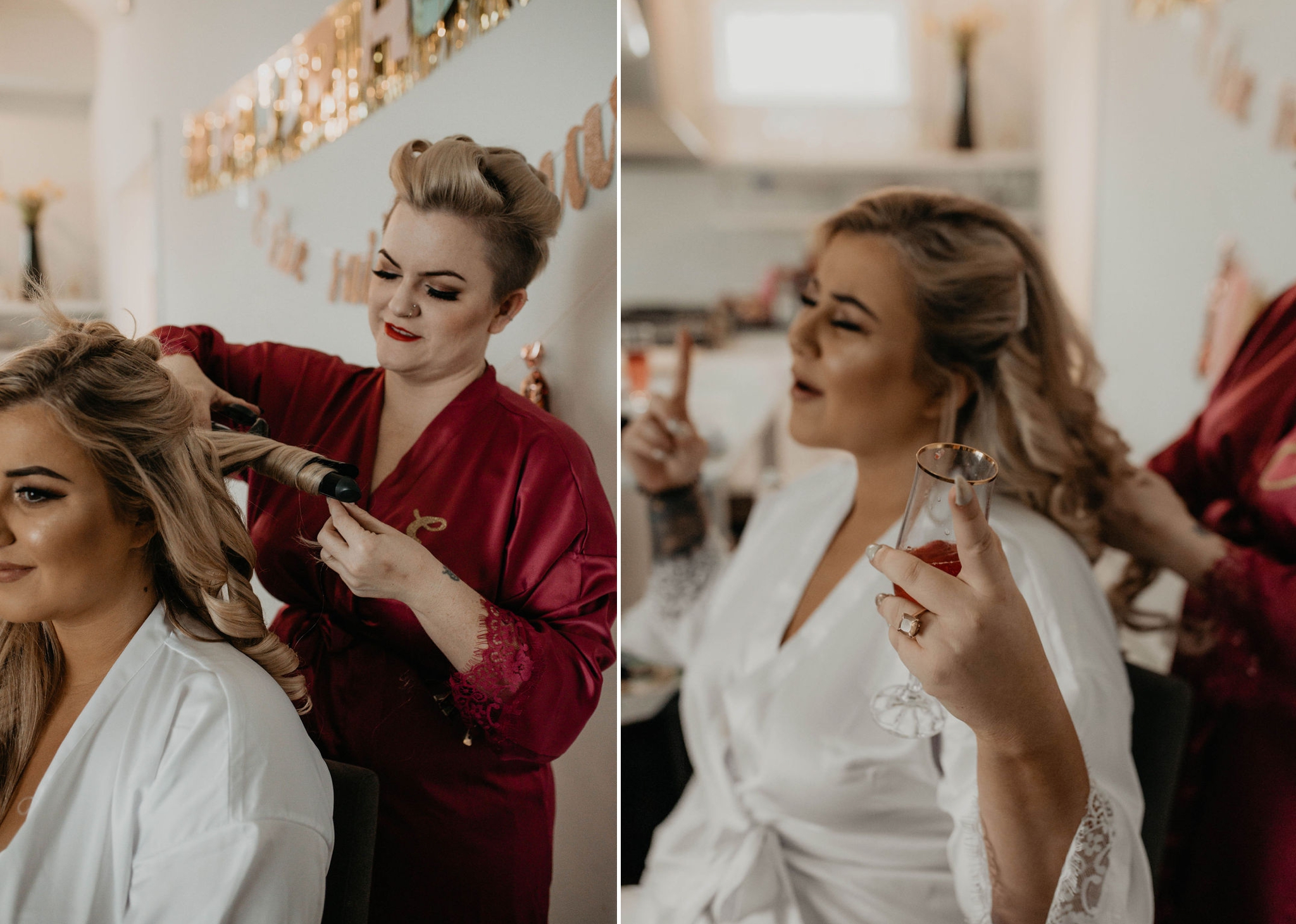 Bride getting ready in a white robe and getting her hair done by one of her bridesmaids while dancing - Matt Smarsh and Johanna Dye - Raleigh North Carolina Urban Edgy Downtown Wedding
