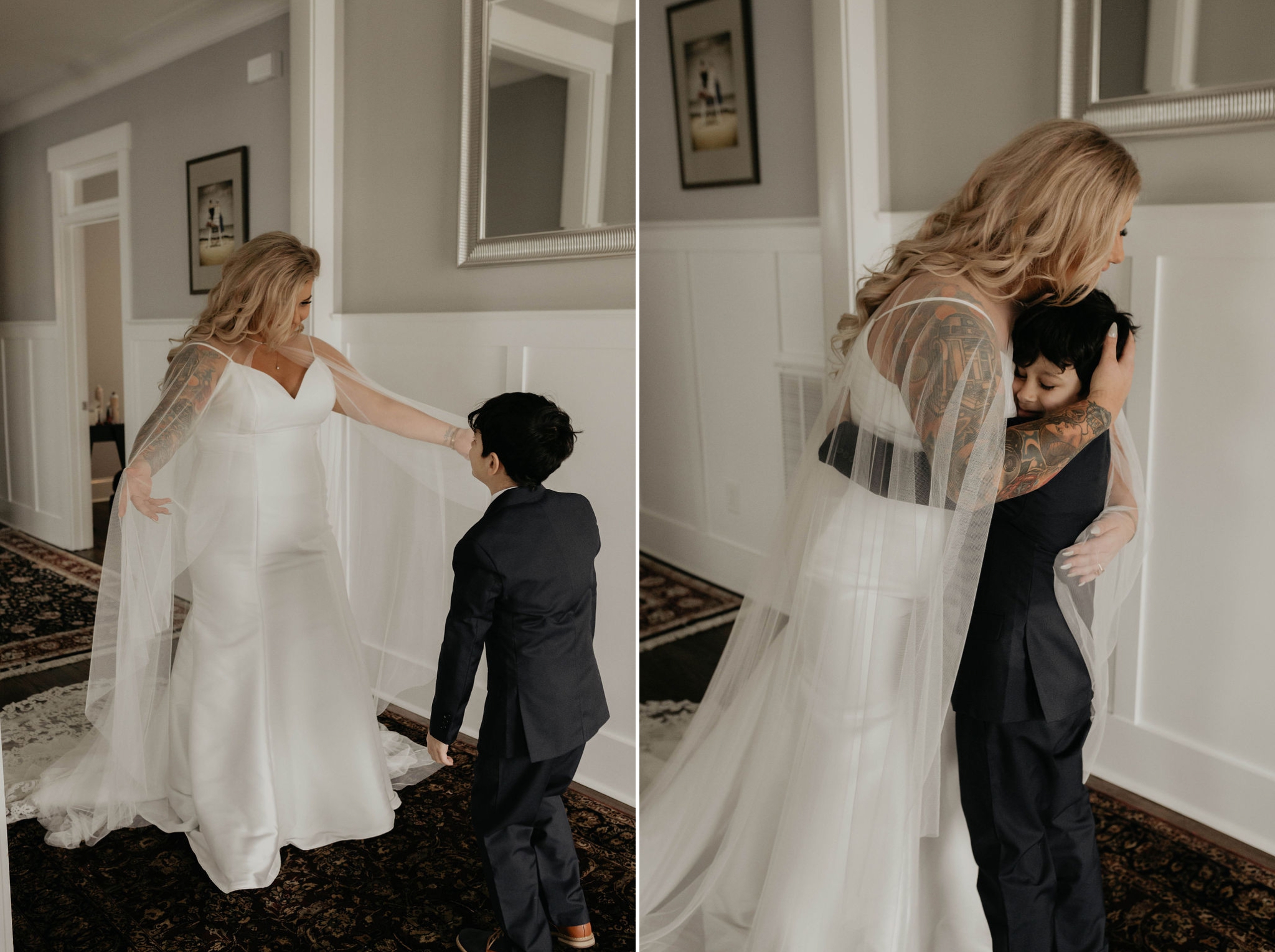 Bride in an Allure Bridals Mermaid Gown - First look with her nephew and ring bearer - Matt Smarsh and Johanna Dye - suites by the black tux - Raleigh North Carolina Urban Edgy Downtown Wedding - suits by the black tux