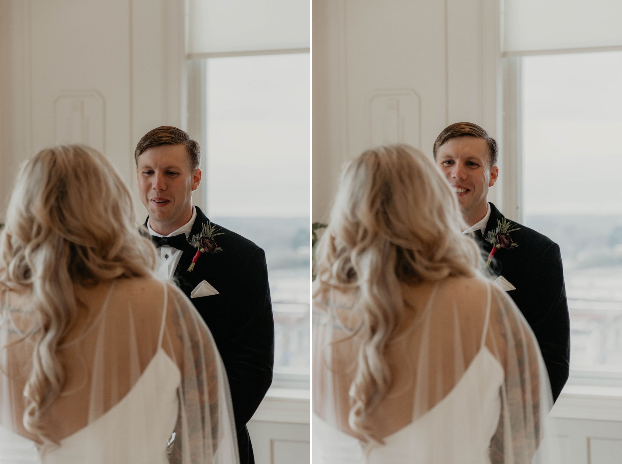 First look between bride and groom at the cannon room - Reaction of the Groom when he sees his bride for the first time - Bride in an Allure Bridals Mermaid Gown - Matt Smarsh and Johanna Dye - suites by the black tux - Raleigh North Carolina Urban Edgy Downtown Wedding - suits by the black tux