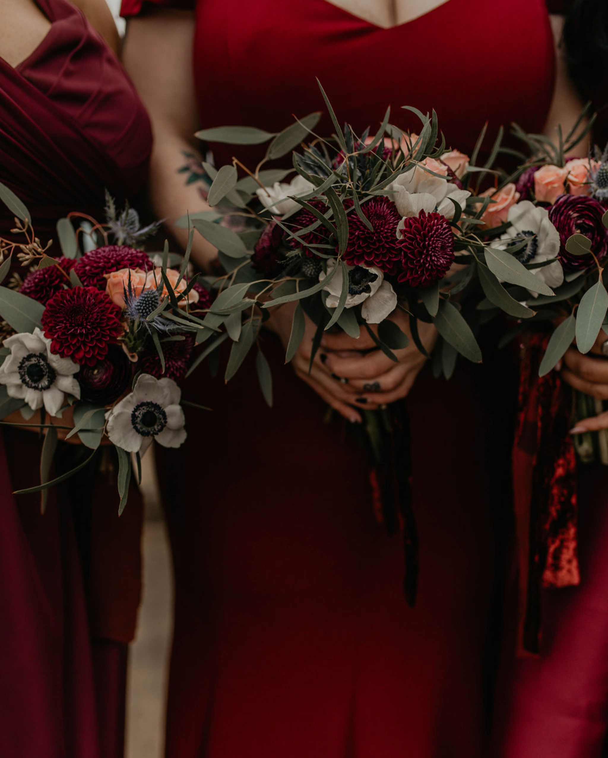 Bridesmaids Bouquet detail - Burgundy Bridesmaids dresses by davids bridal Matt Smarsh and Johanna Dye - suites by the black tux - Raleigh North Carolina Urban Edgy Downtown Wedding - suits by the black tux