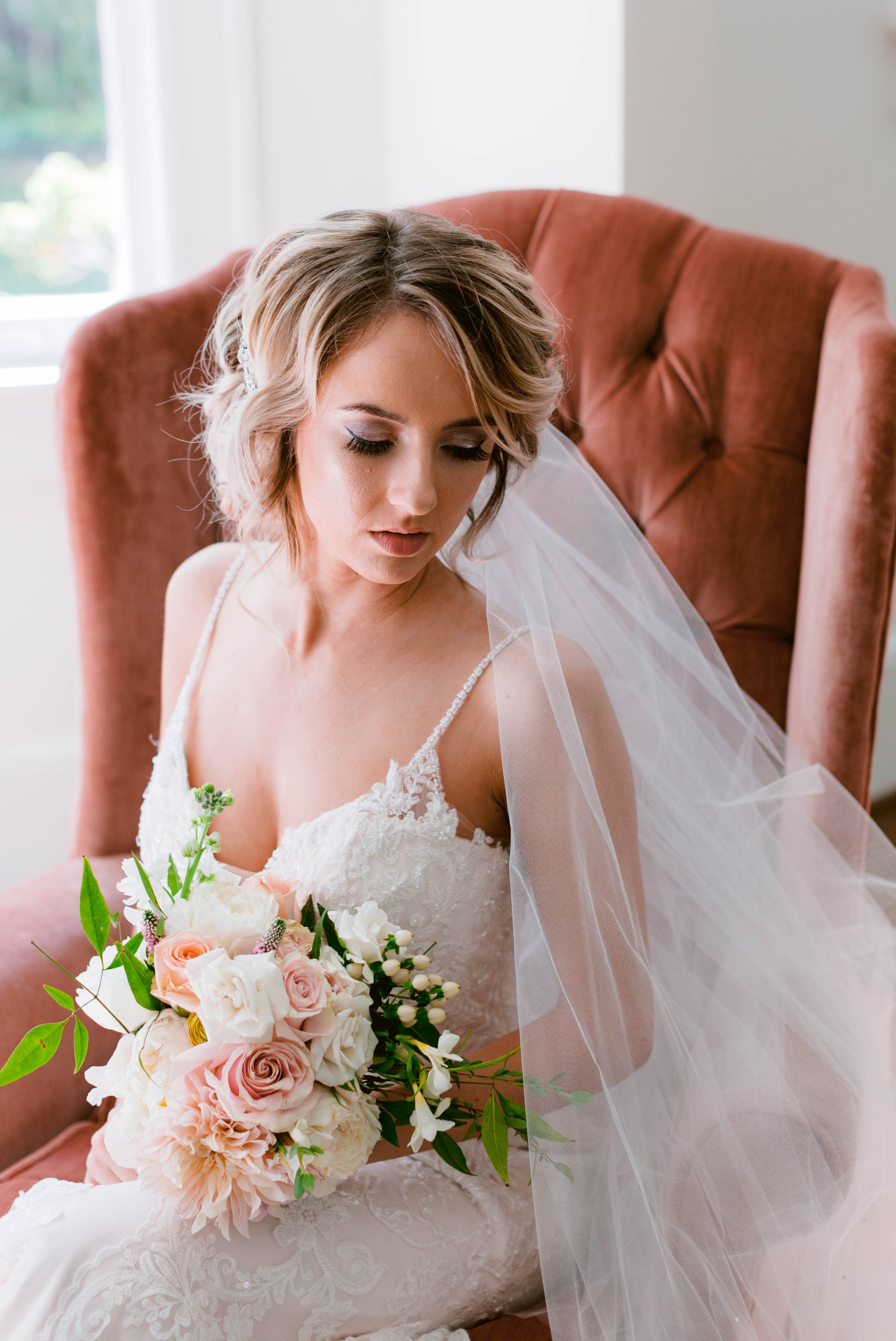  Allison Howell - Indoor Natural Light Bridal Portraits by a window with a white backdrop - classic bride - Honolulu, Oahu, Hawaii Wedding Photographer 
