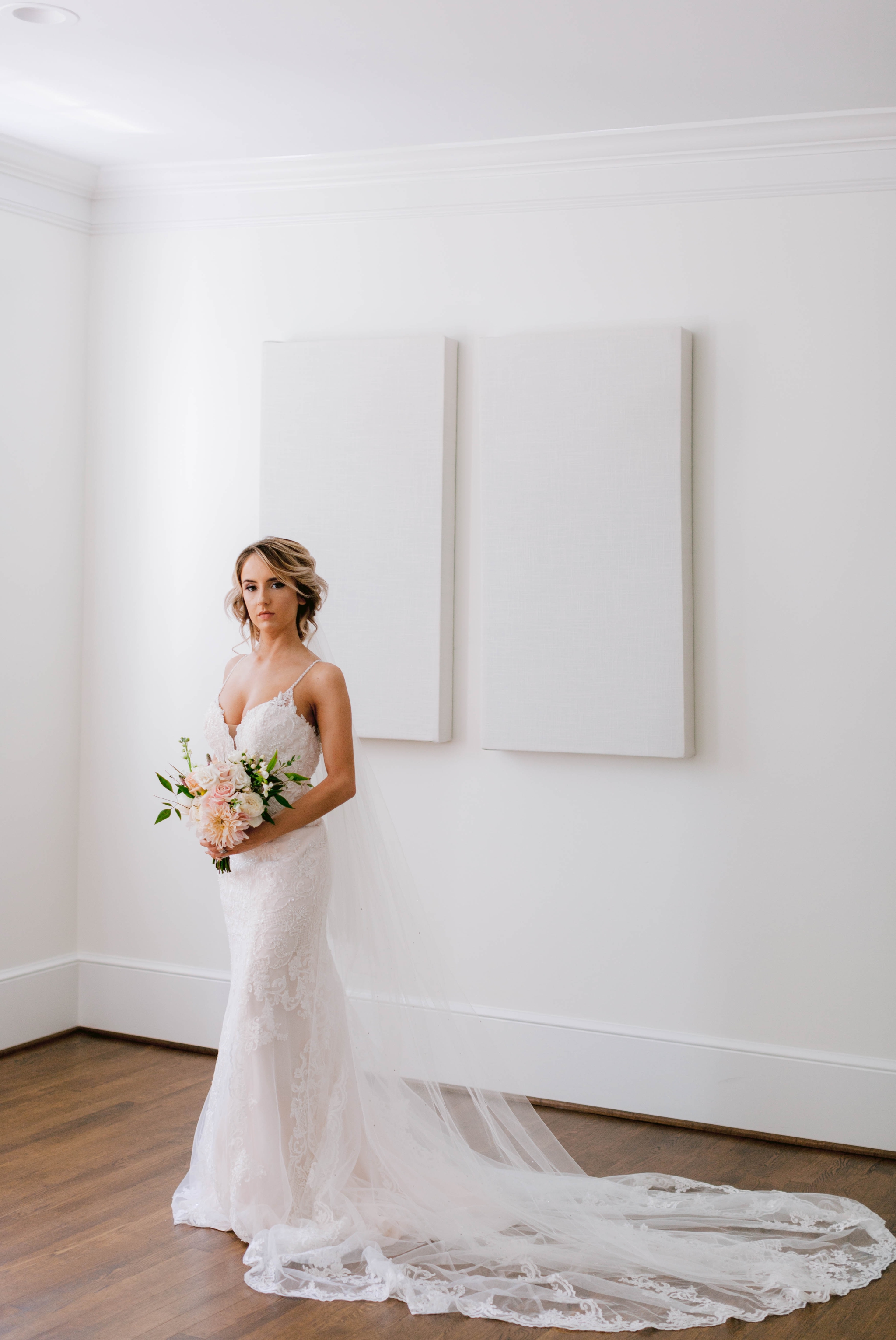  Indoor Natural Light Bridal Portraits by a window with a white backdrop - classic bride with soft drop veil over her face - wedding gown by Stella York - Honolulu, Oahu, Hawaii Wedding Photographer 