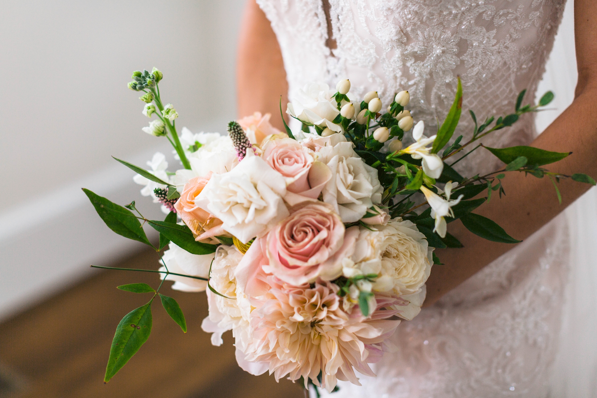  Indoor Natural Light Bridal Portraits by a window with a white backdrop - classic bride with soft drop veil over her face - wedding gown by Stella York - Honolulu, Oahu, Hawaii Wedding Photographer 