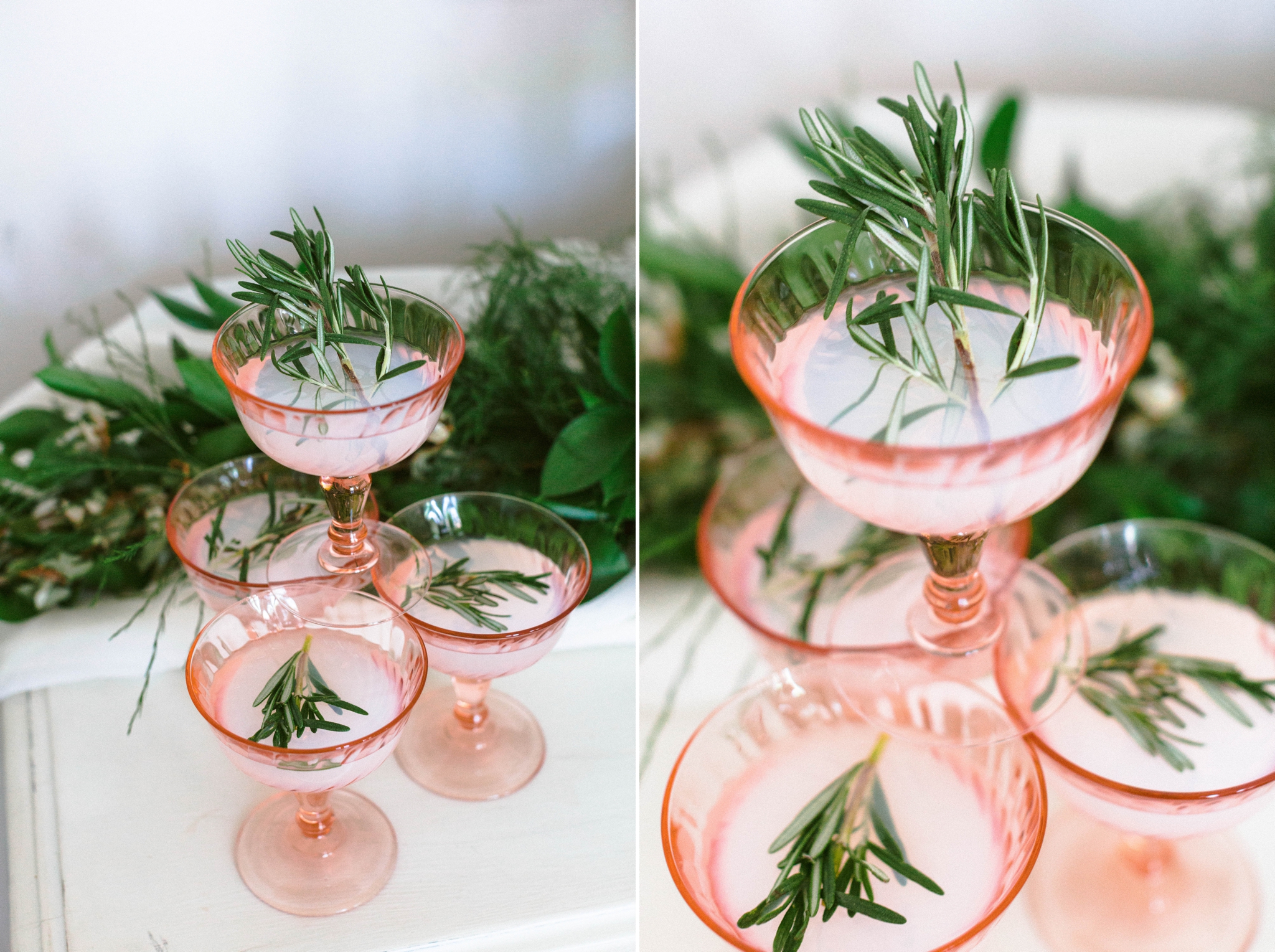 custom wedding cocktails in pink glasses with thyme - wedding cake table on an all white antique dresser - luxury cake table inspiration - honolulu oahu hawaii wedding photographer - johanna dye photography 