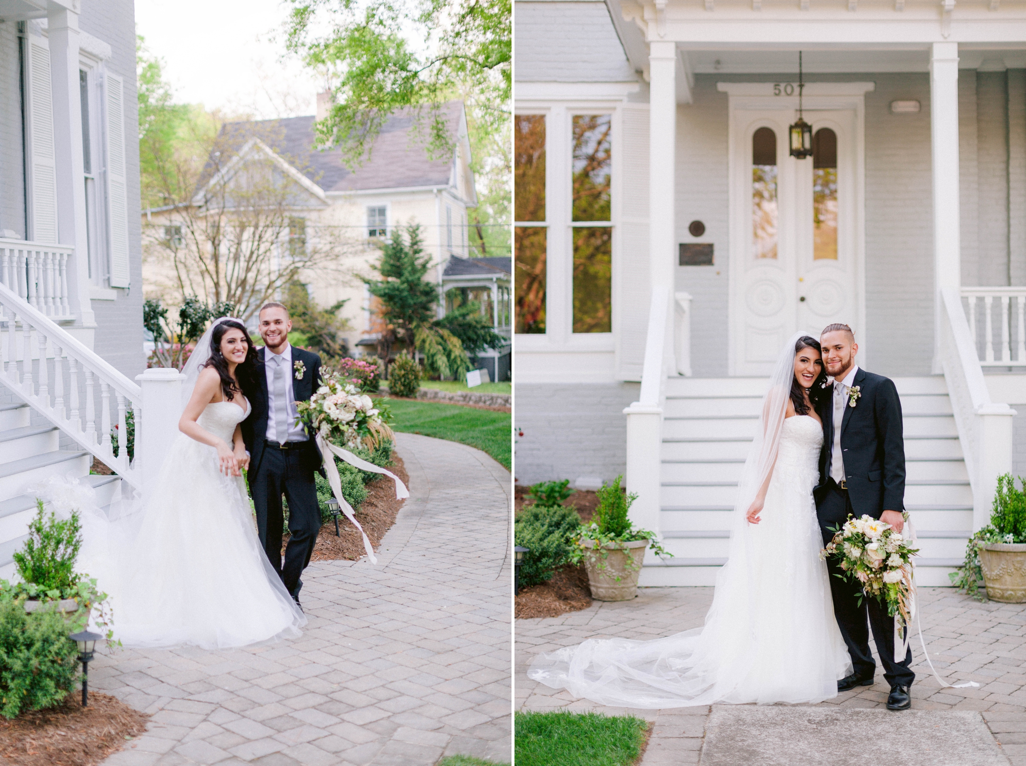  Couple Kissing - Wedding Portraits on the front porch of an all white luxury estate mansion - Bride is wearing a Aline Ballgown by Cherish by Southern Bride with a long cathedral veil - Groom is wearing a black suit by Generation Tux and has a man b