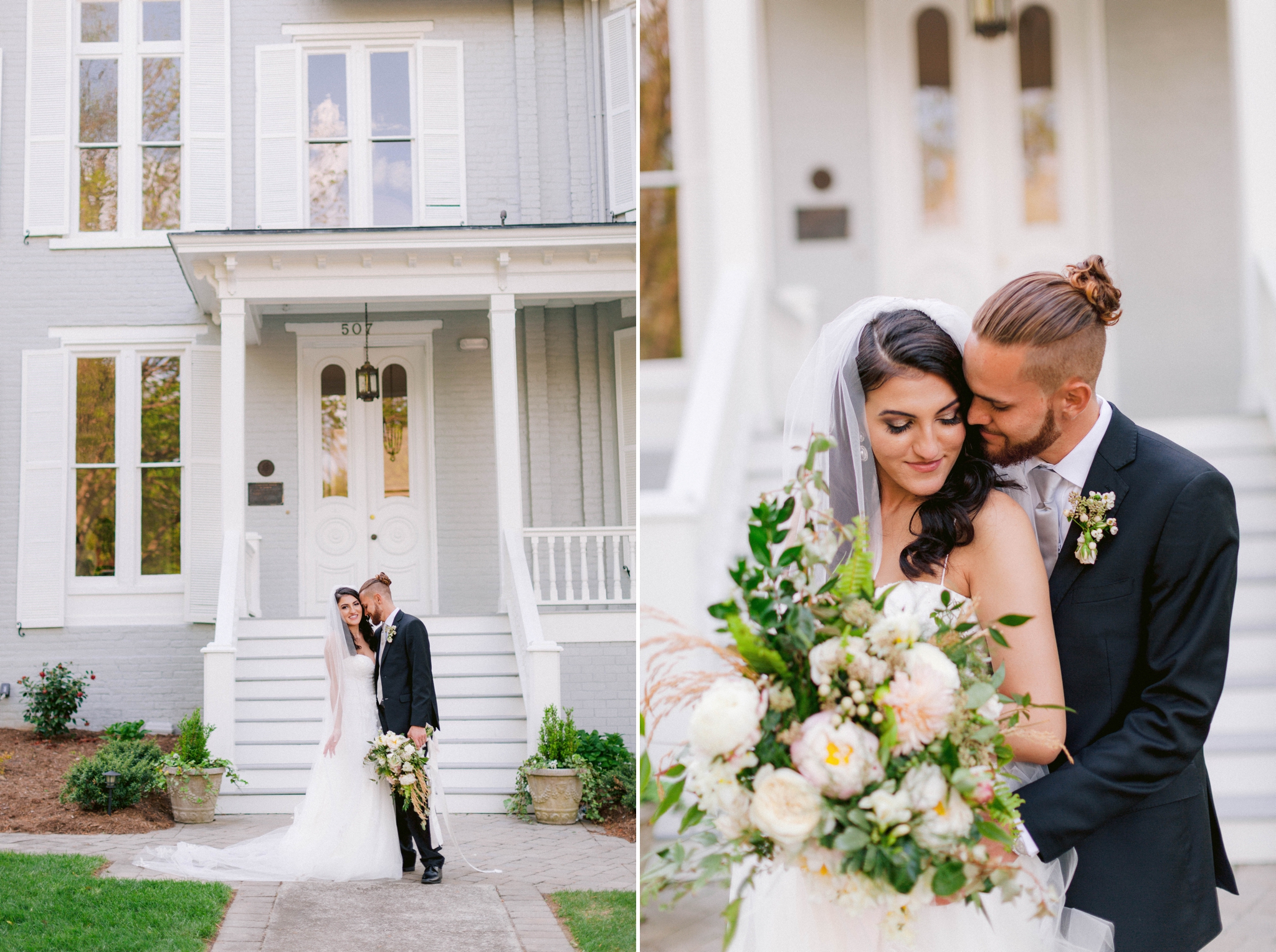  Couple Kissing in front of the mansion - Wedding Portraits on the front porch of an all white luxury estate - Bride is wearing a Aline Ballgown by Cherish by Southern Bride with a long cathedral veil - Groom is wearing a black suit by Generation Tux