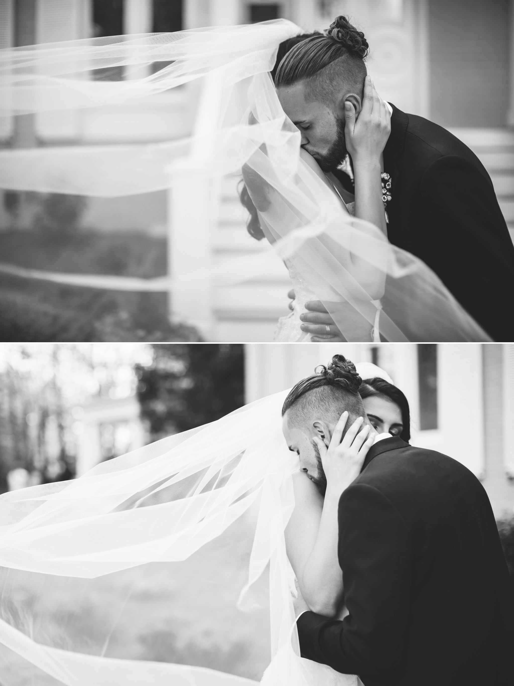  black and white Veil shot - Wedding Portraits on the front porch of an all white luxury estate - Bride is wearing a Aline Ballgown by Cherish by Southern Bride with a long cathedral veil - Groom is wearing a black suit by Generation Tux and has a ma