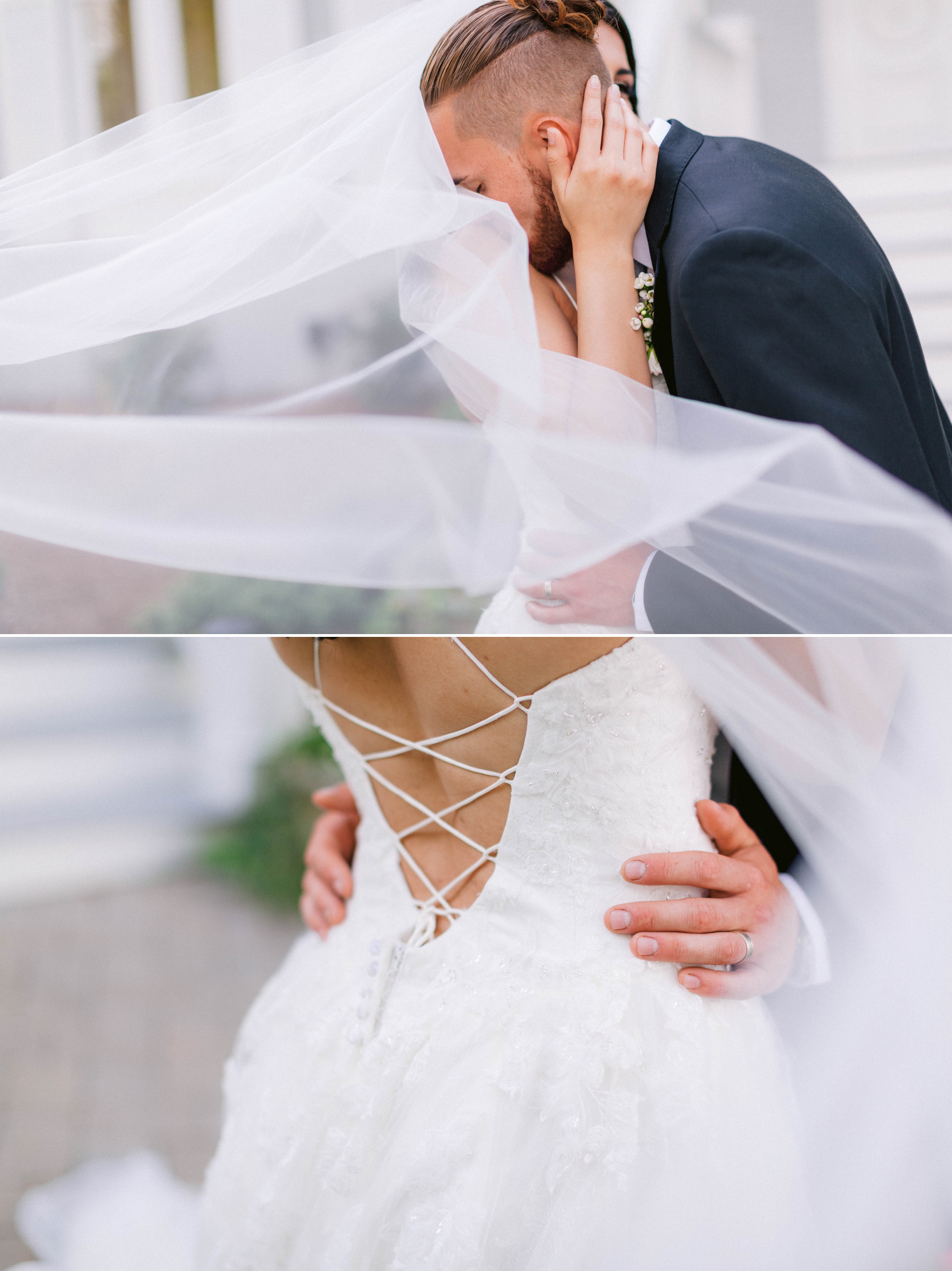  Veil shot - Wedding Portraits on the front porch of an all white luxury estate - Bride is wearing a Aline Ballgown by Cherish by Southern Bride with a long cathedral veil - Groom is wearing a black suit by Generation Tux and has a man bun - Fine Art
