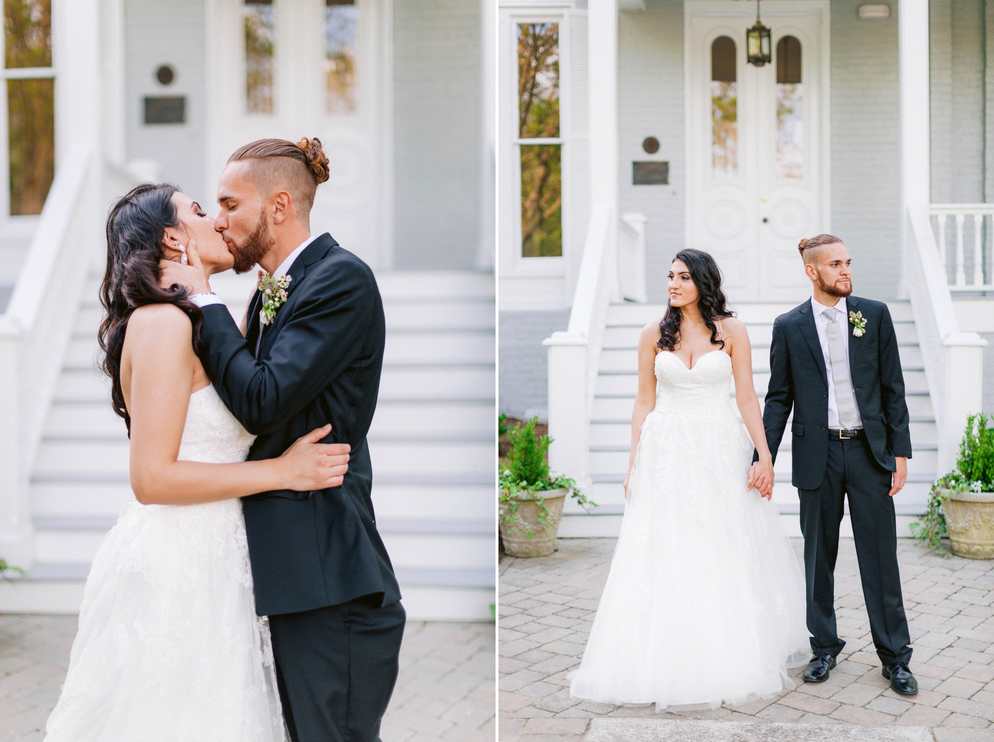  Couples portraits - Wedding Portraits on the front porch of an all white luxury estate - Bride is wearing a Aline Ballgown by Cherish by Southern Bride with a long cathedral veil - Groom is wearing a black suit by Generation Tux and has a man bun - 