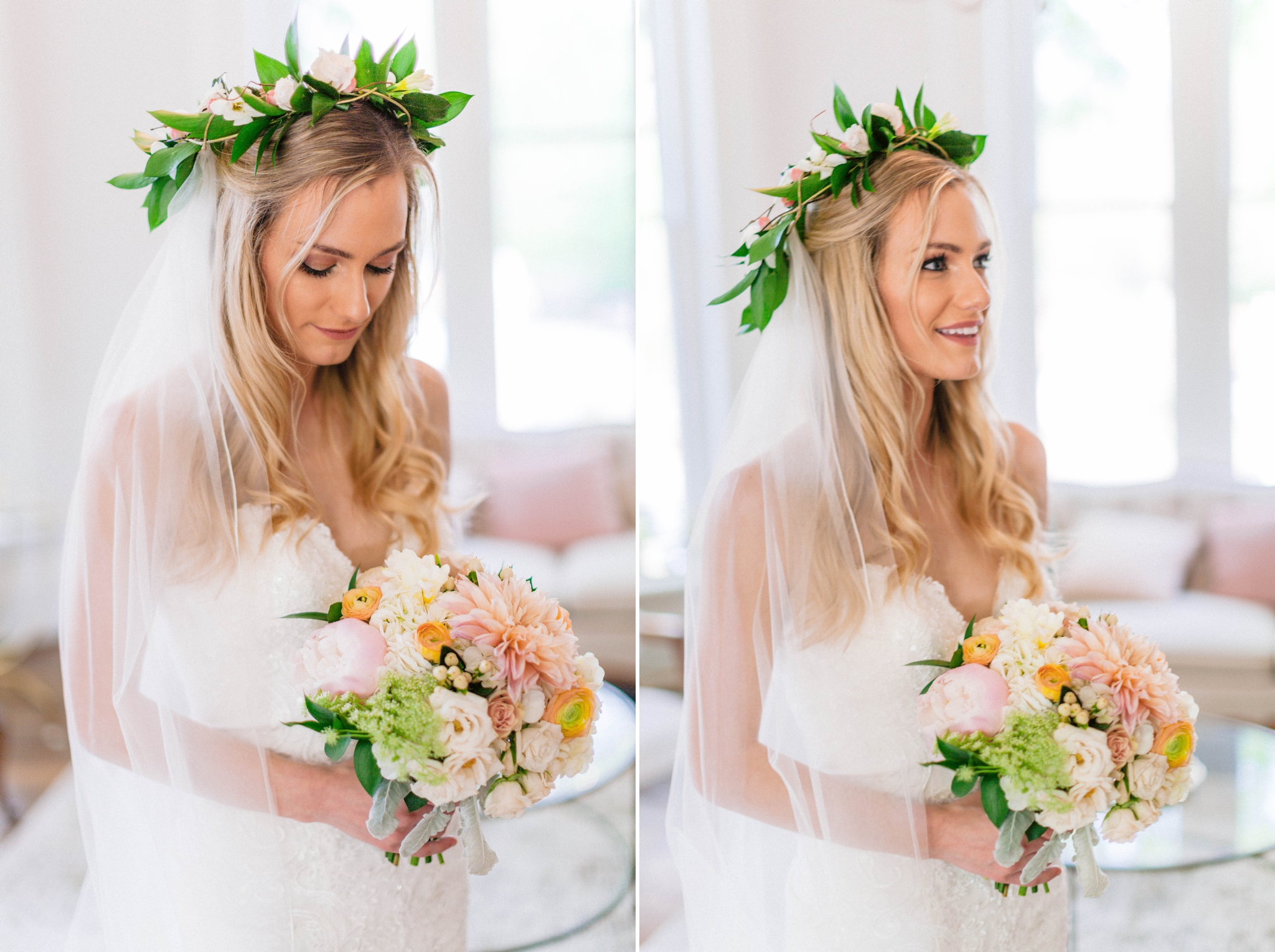  Indoor Bridal Portraits in an all white room at a luxury estate with natural light before the ceremony - Bride is wearing a Hawaiian Flower Crown and a cathedral veil in a Wedding Gown by Stella York and standing in the doorway with a golden chandel