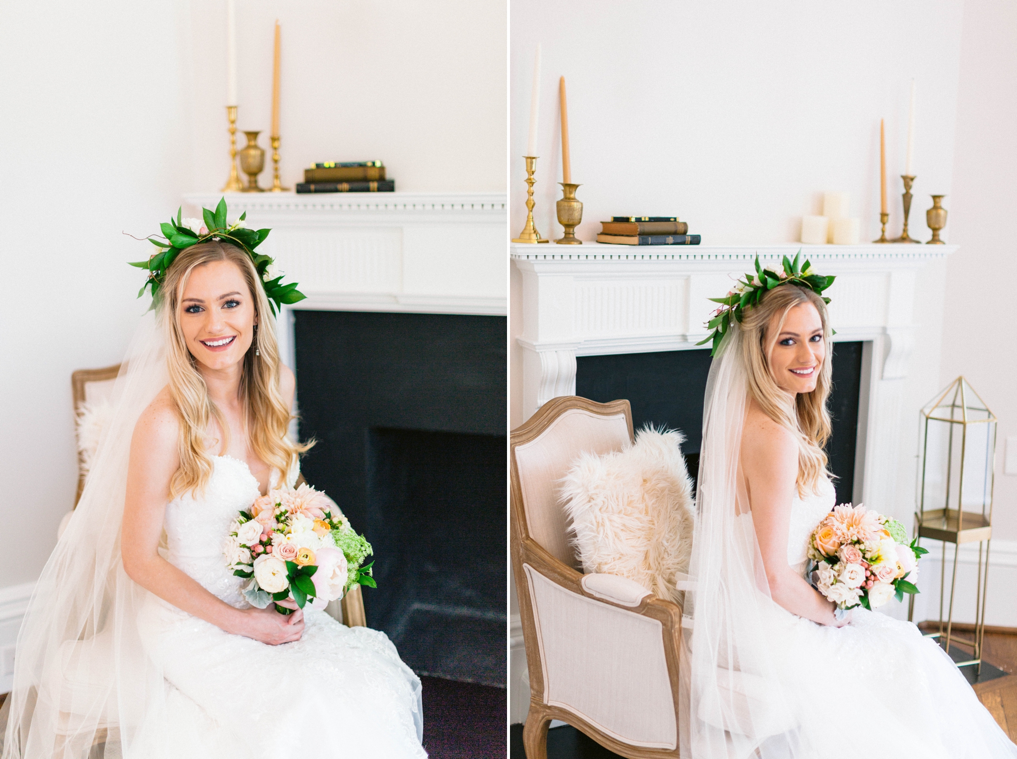  Indoor Bridal Portraits in an all white room at a luxury estate with natural light before the ceremony - Bride is wearing a Hawaiian Flower Crown and a cathedral veil in a Wedding Gown by Stella York sitting on an antique vintage chair in front of a