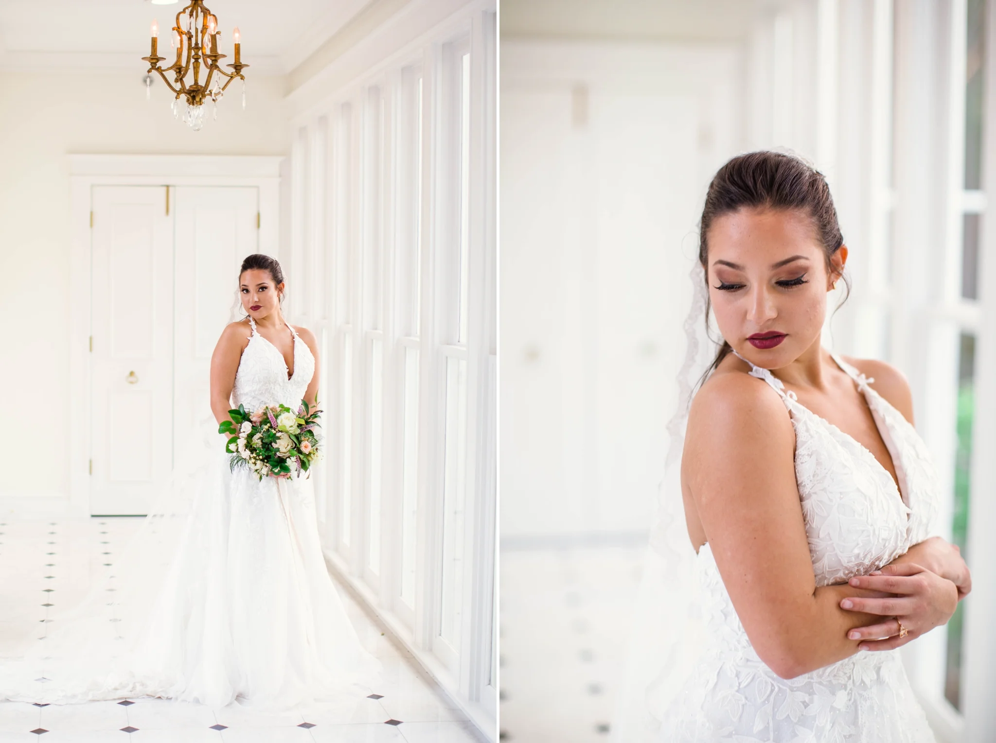 Natural light Bridal Portraits in an all white luxury estate venue with black and white floors and a golden chandelier - Bride is wearing a Ballgown Wedding Dress by Sherri Hill - shot with available window light - Fine Art Wedding Photographer in Honolulu Oahu Hawaii - Johanna Dye Photography - edited with for the love of film presets by jose villa