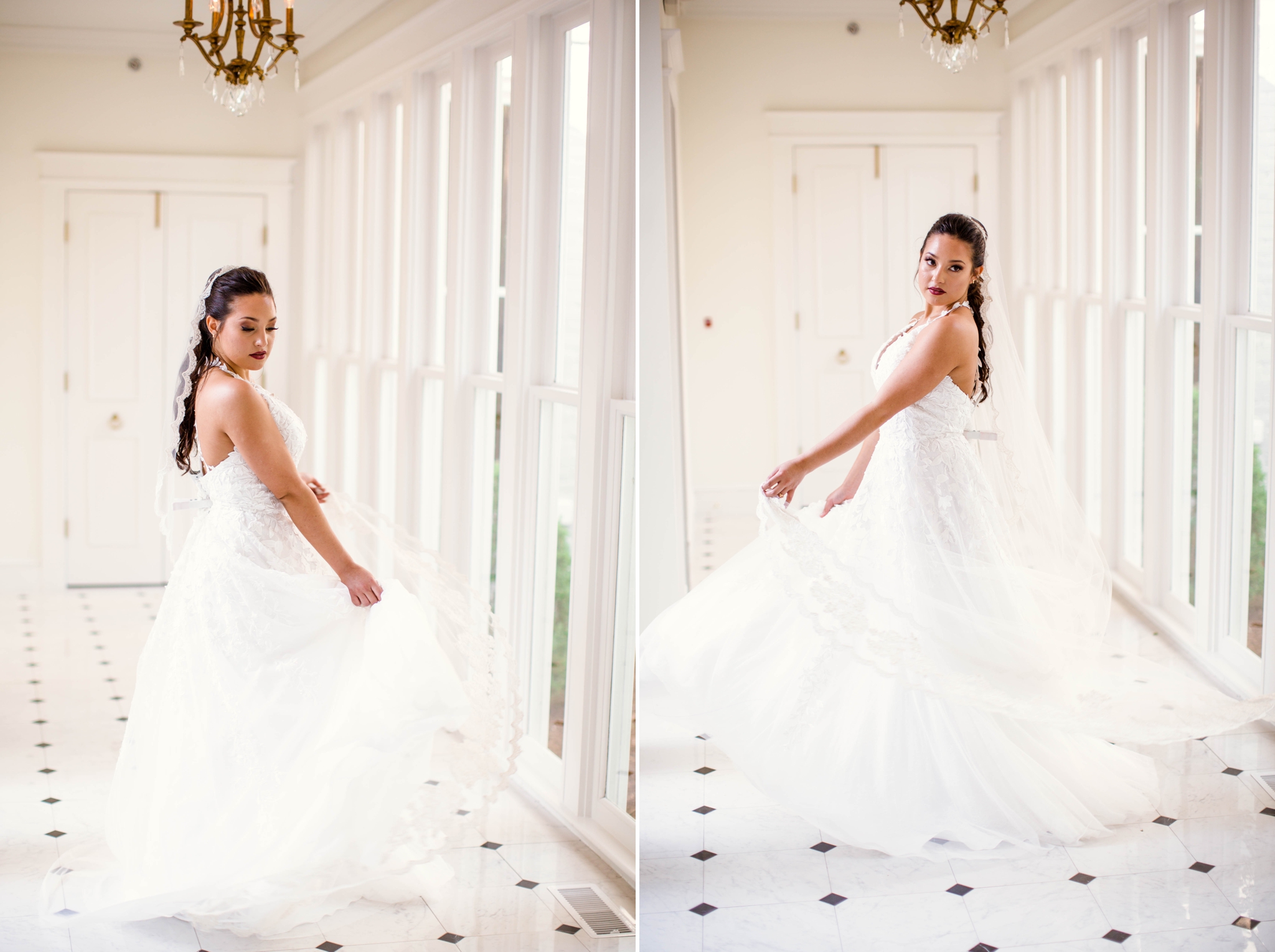  Natural light Bridal Portraits in an all white luxury estate venue with black and white floors and a golden chandelier - Bride is wearing a Ballgown Wedding Dress by Sherri Hill - shot with available window light - Fine Art Wedding Photographer in H