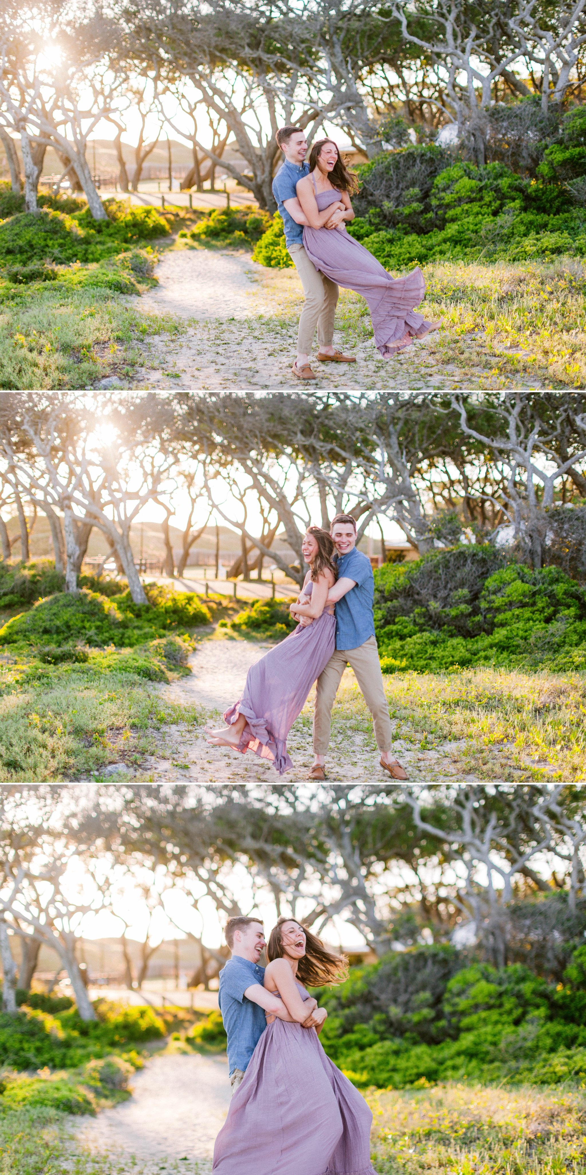  Guy dancing with girl in front of live oak trees with the sunset behind them - Woman is in a flowy pastel maxi dress - unposed and candid outdoor golden light session - engagement photographer in honolulu, oahu, hawaii - johanna dye 