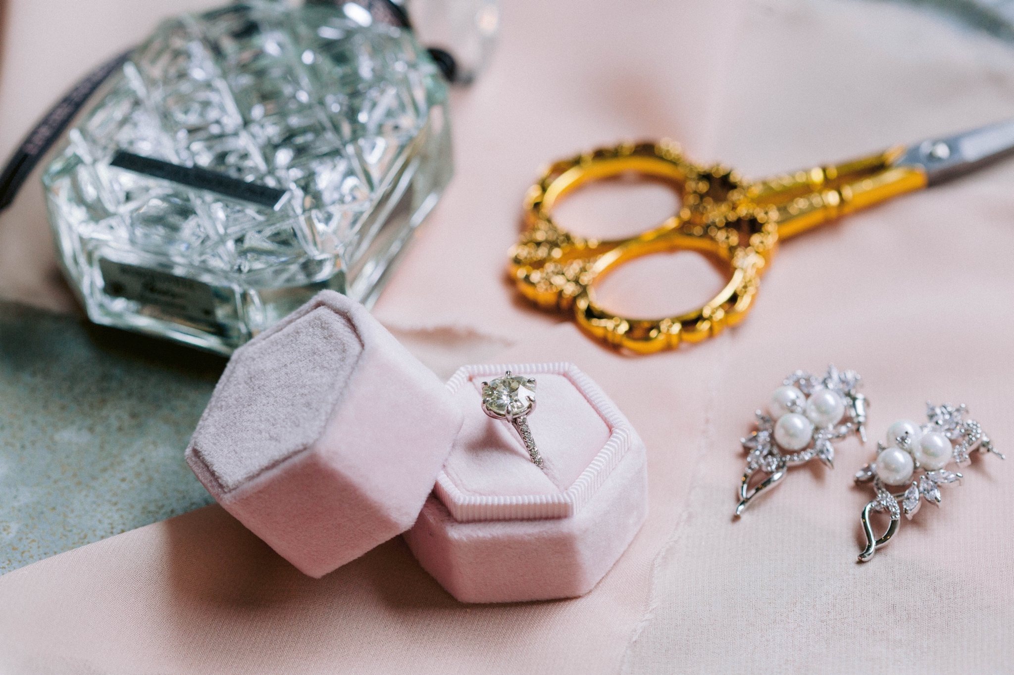  engagement ring in blush velvet ring box with gold scissors  - Honolulu Oahu Hawaii Wedding Photographer 