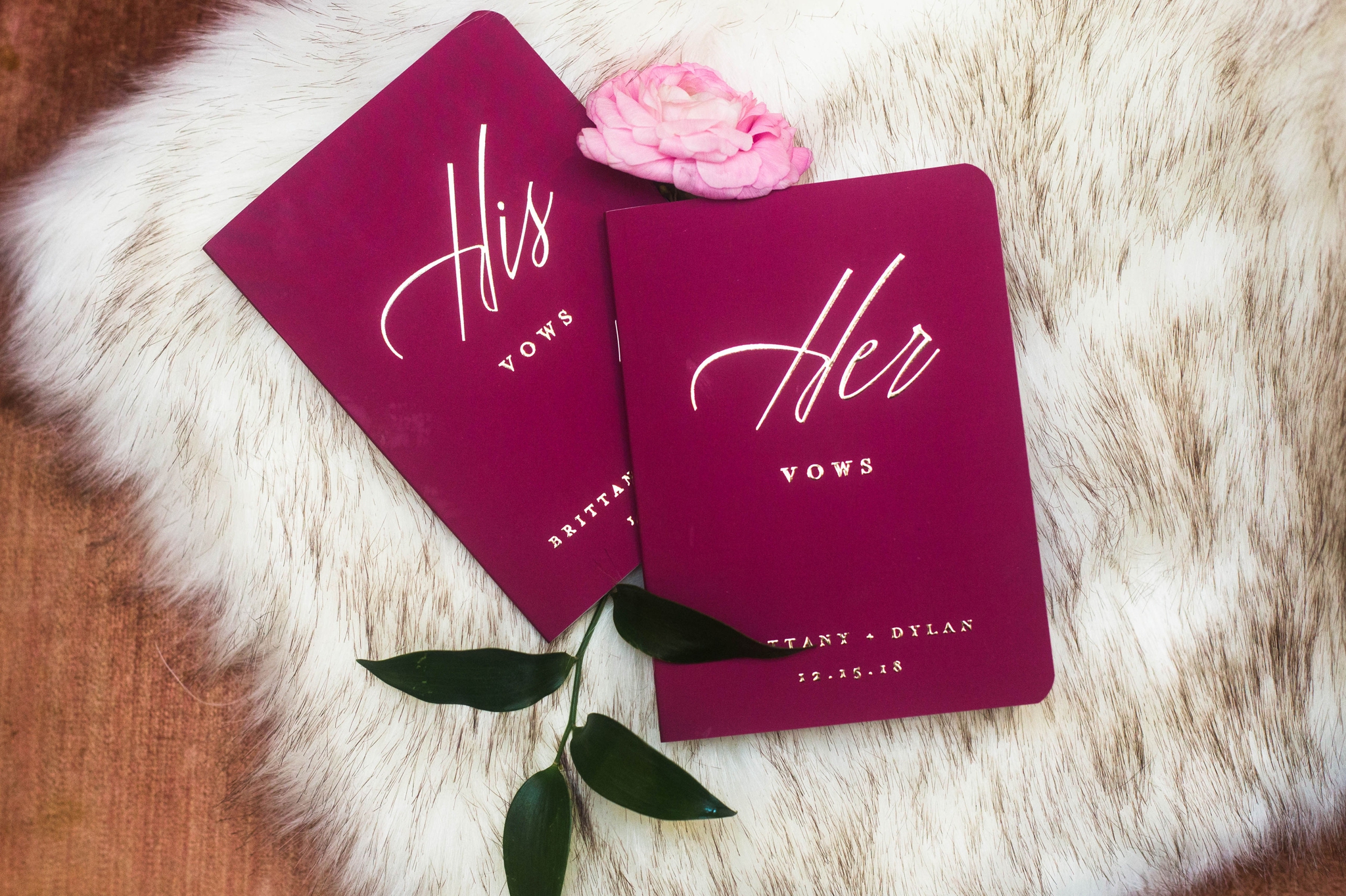 Berry Colored Vow Books with fur and roses - Honolulu Oahu Hawaii Wedding Photographer