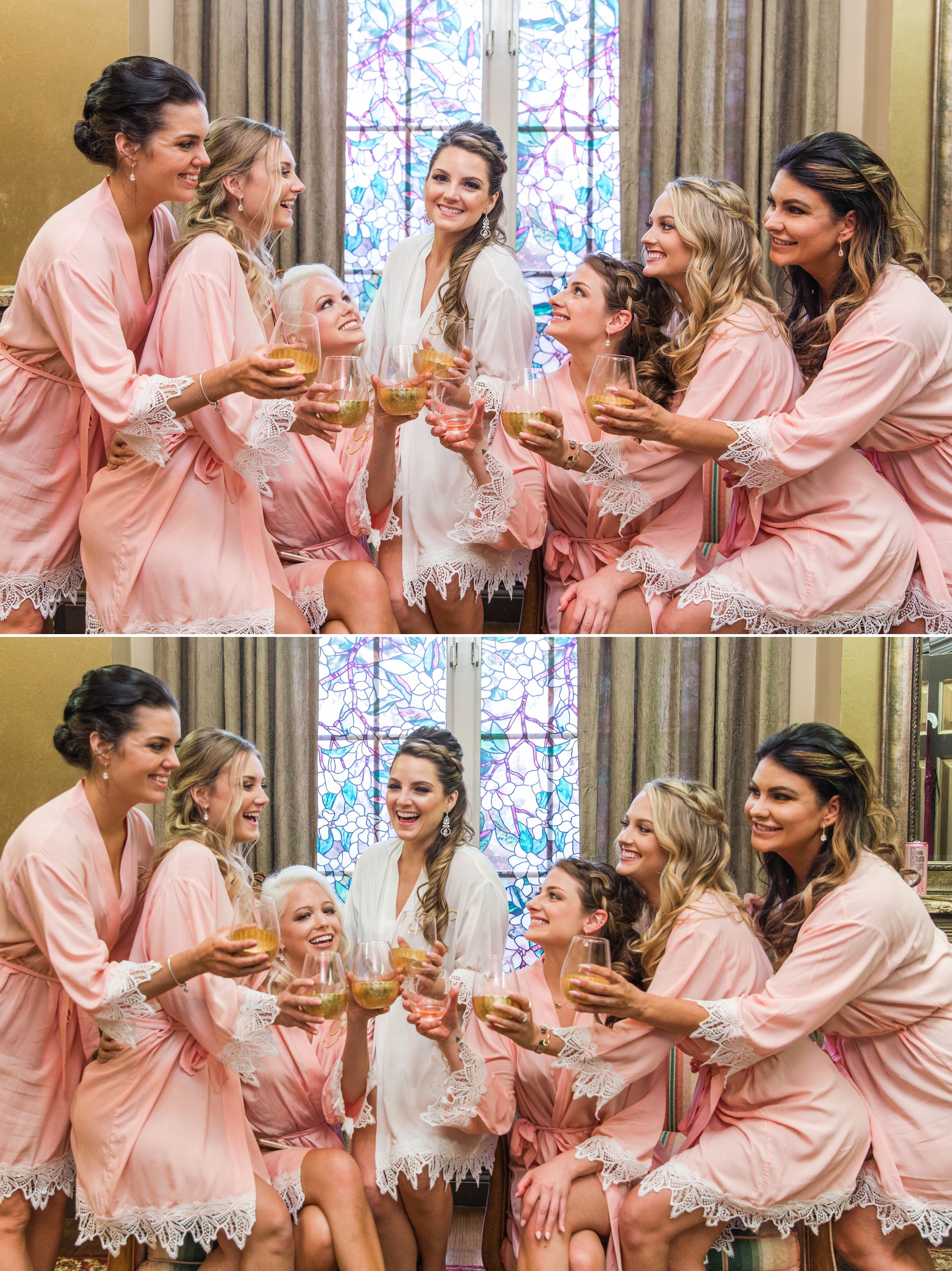 Bride and her Bridesmaids in Robes cheering each other with champagne before the ceremony - Honolulu Oahu Hawaii Wedding Photographer