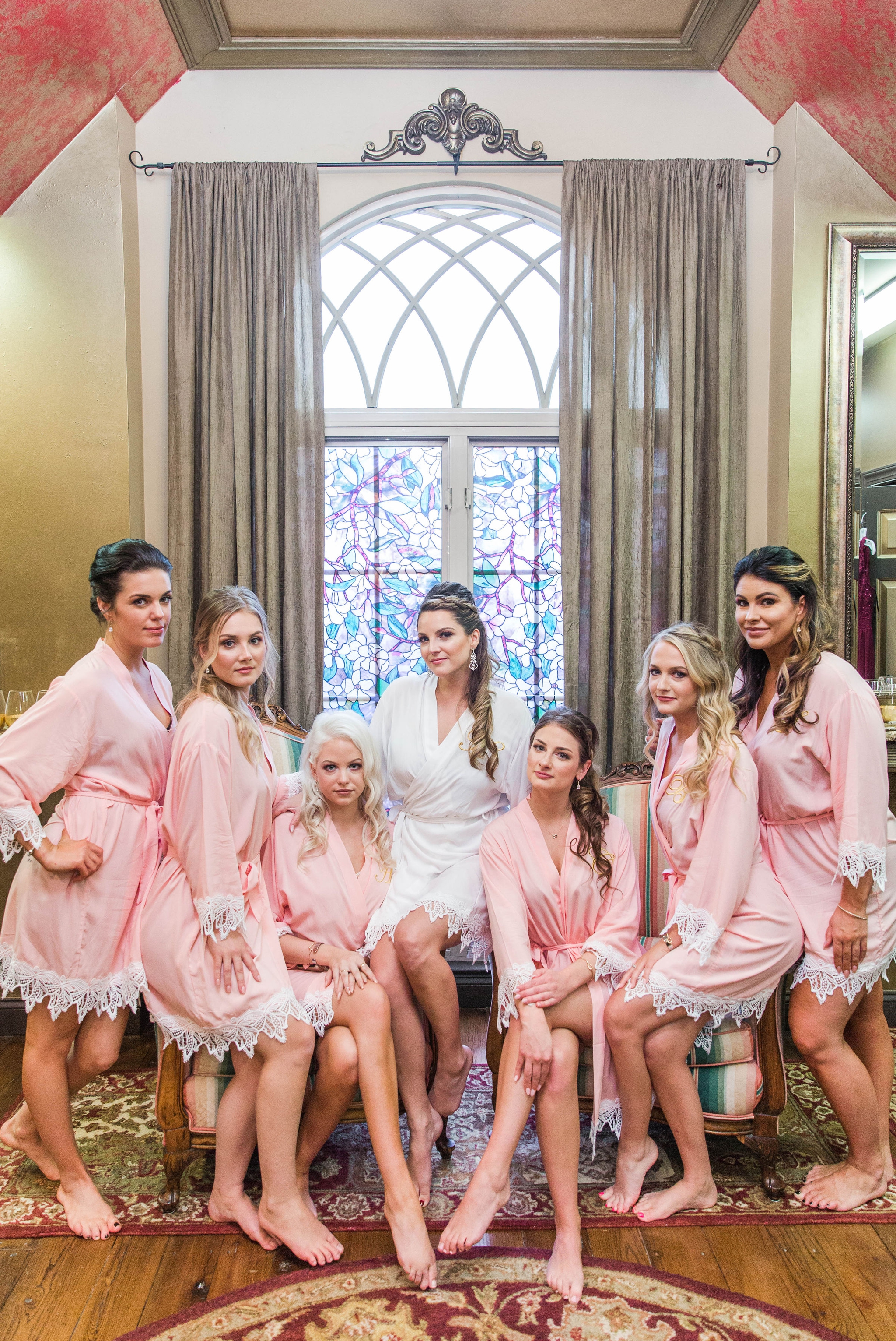 Bride and Bridesmaids hanging out in blush robes getting ready - Honolulu Oahu Hawaii Wedding Photographer