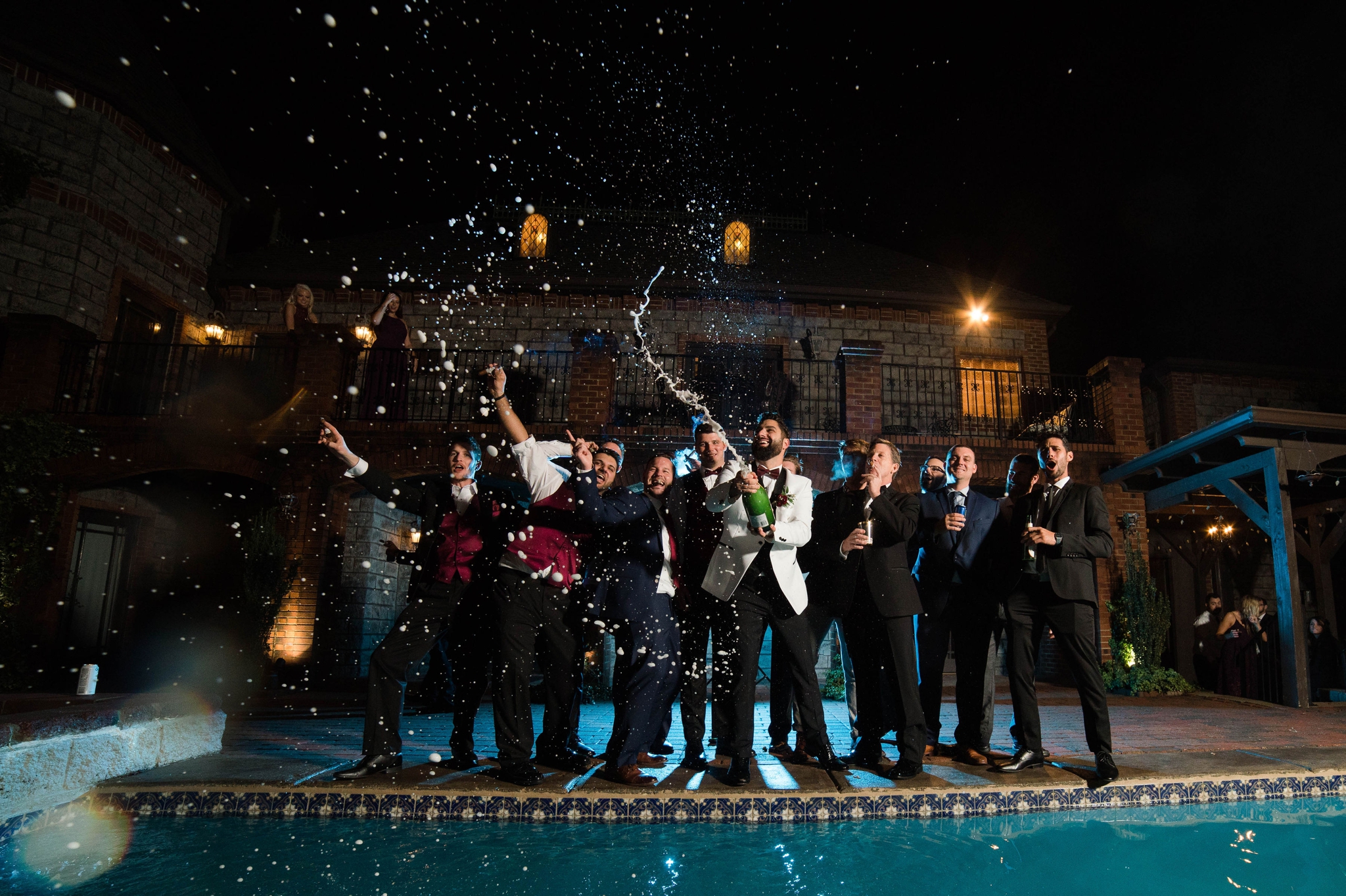 Popping champagne Outdoor groomsmen shot with Off Camera Flash OCF Mag Mod - Honolulu Oahu Hawaii Wedding Photographer