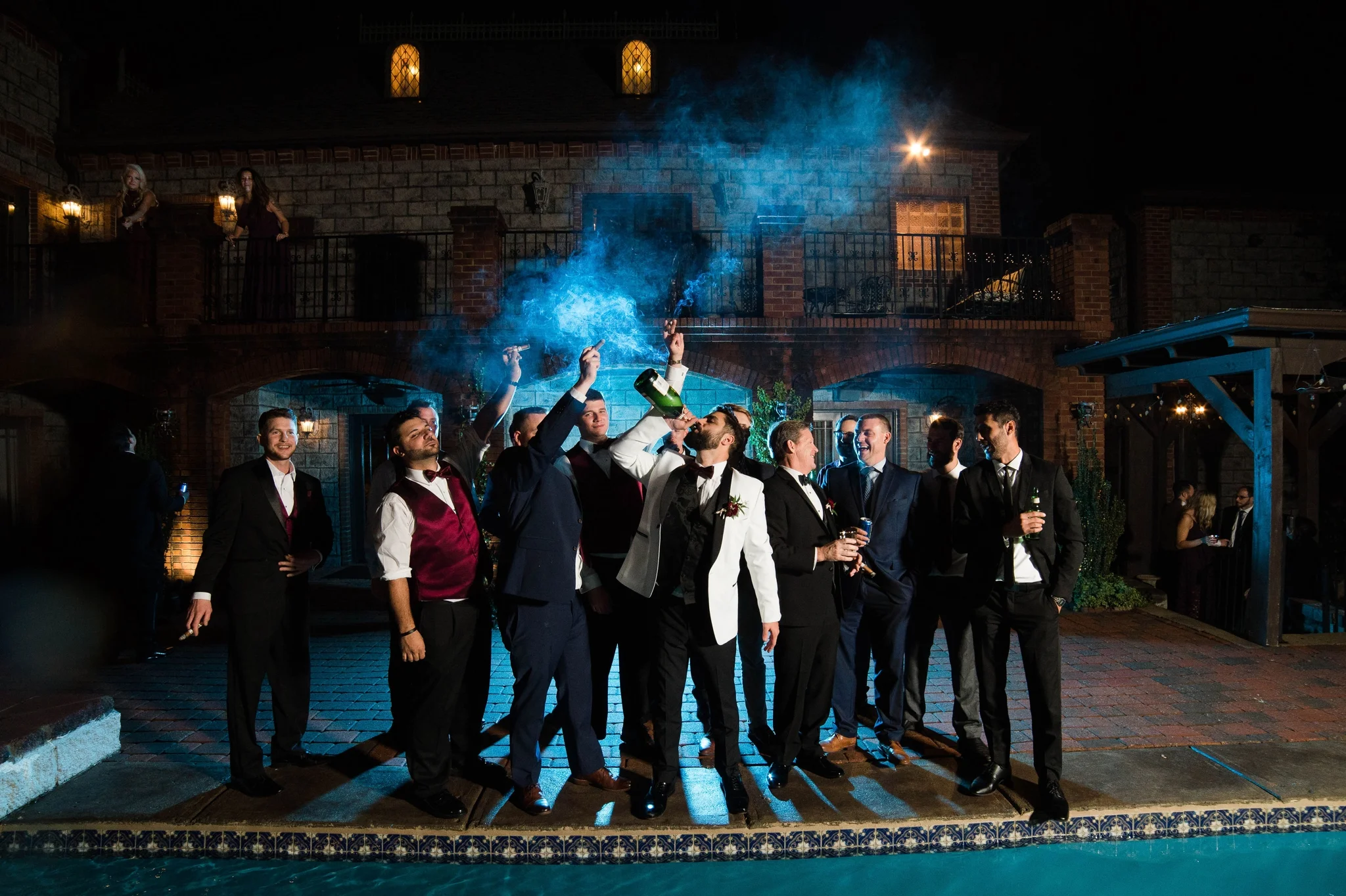Popping champagne Outdoor groomsmen shot with Off Camera Flash OCF Mag Mod - Honolulu Oahu Hawaii Wedding Photographer