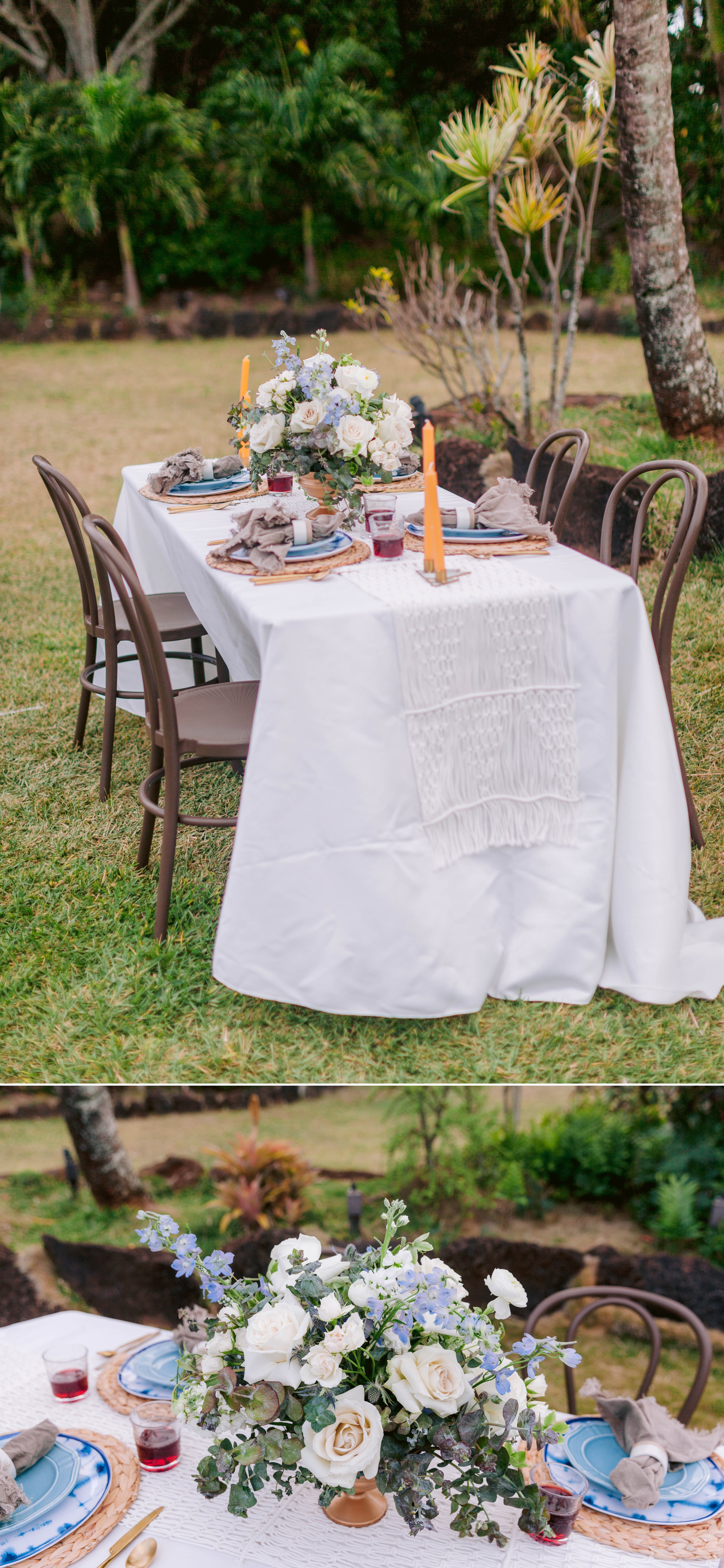 Reception table scape at an outdoor wedding - Ana + Elijah - Wedding at Loulu Palm in Haleiwa, HI - Oahu Hawaii Wedding Photographer 