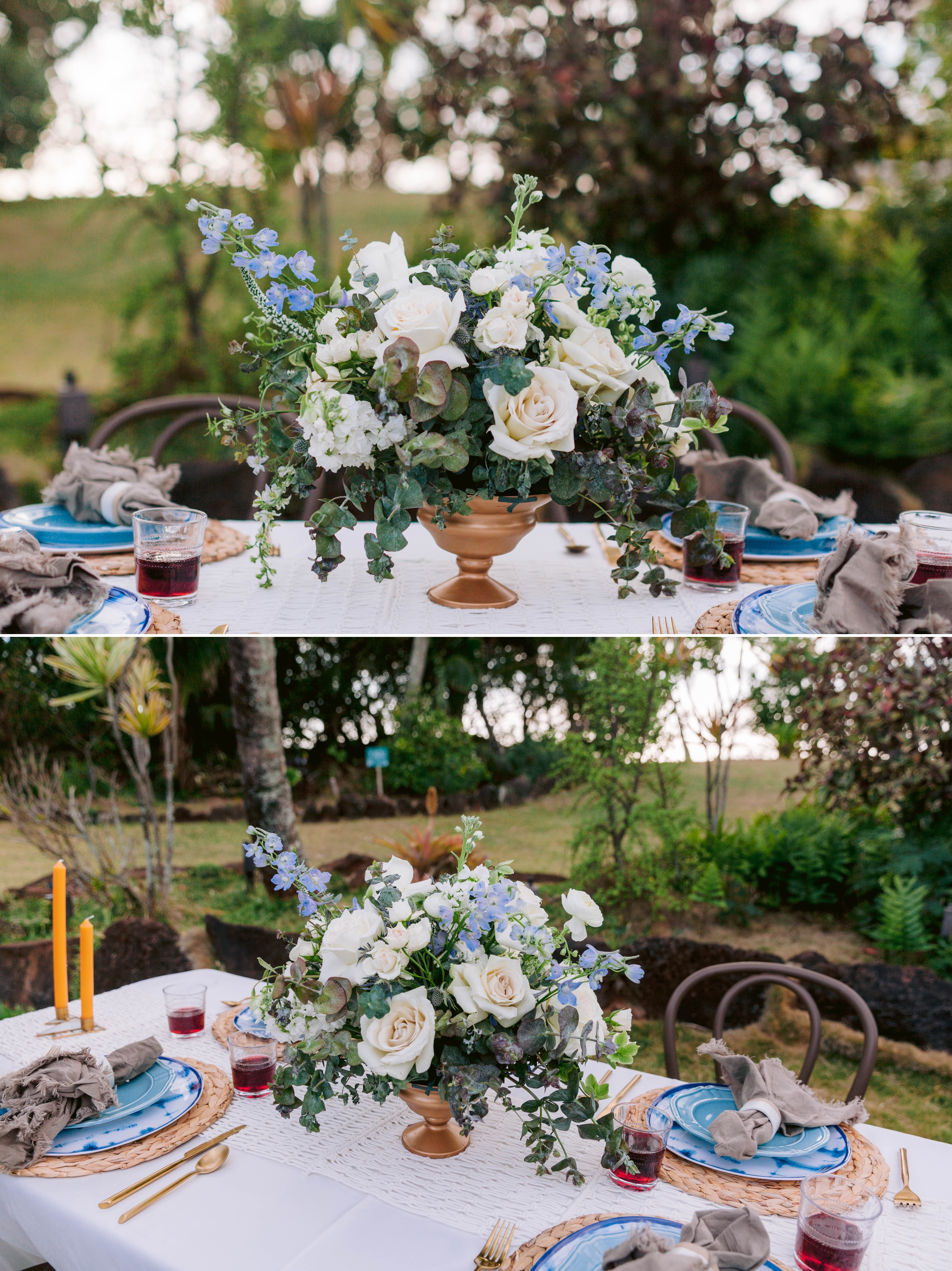 Large Flower Centerpiece with blue, gold and green accents - Ana + Elijah - Wedding at Loulu Palm in Haleiwa, HI - Oahu Hawaii Wedding Photographer 