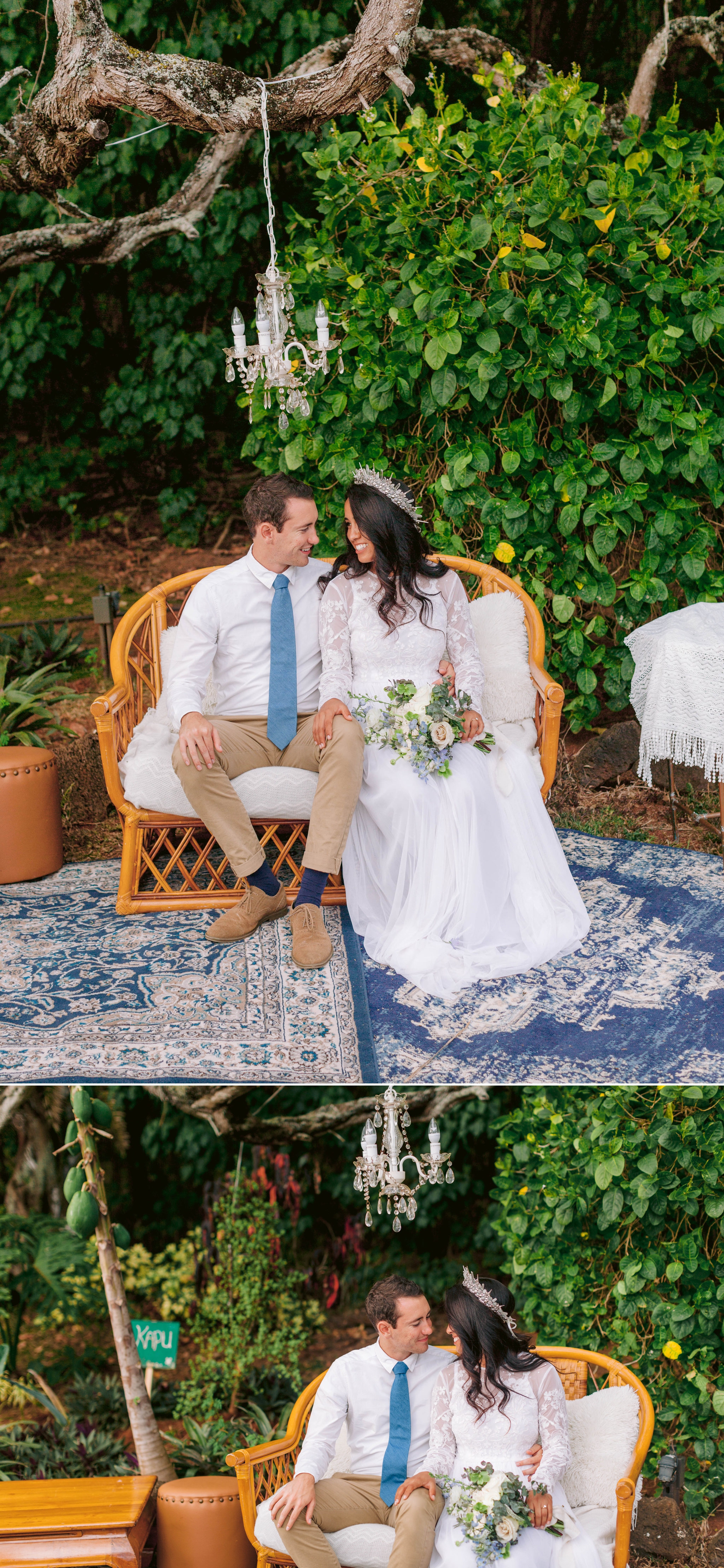  Bride and Groom relaxing in a tropical outdoor lounge with blue rugs, rattan furniture and a crystal chandelier - Ana + Elijah - Wedding at Loulu Palm in Haleiwa, HI - Oahu Hawaii Wedding Photographer 