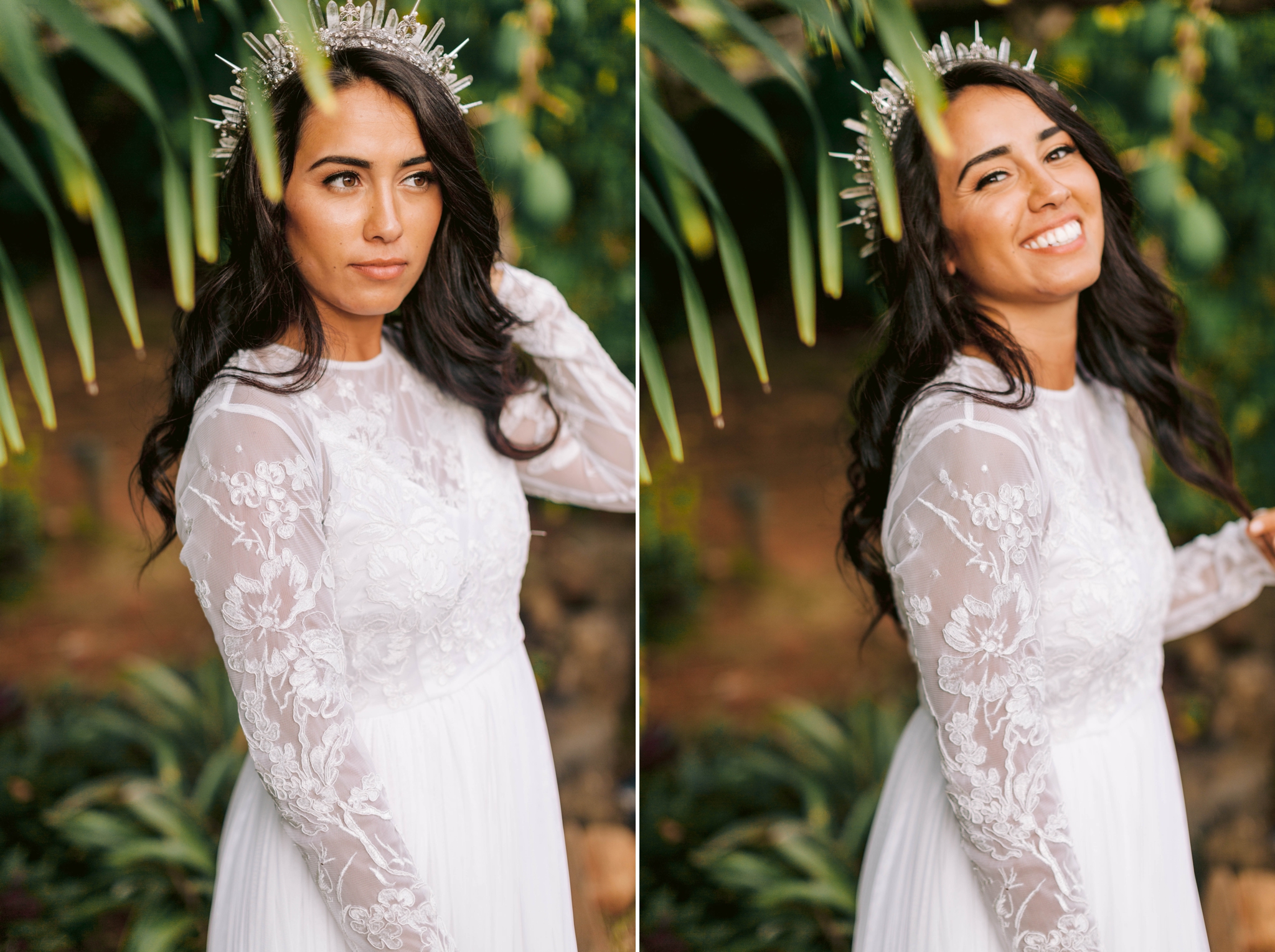  Hawaiian Bridal Portraits - Bride is wearing a wedding dress by asos and a unique crown under palm trees - Ana + Elijah - Wedding at Loulu Palm in Haleiwa, HI - Oahu Hawaii Wedding Photographer 