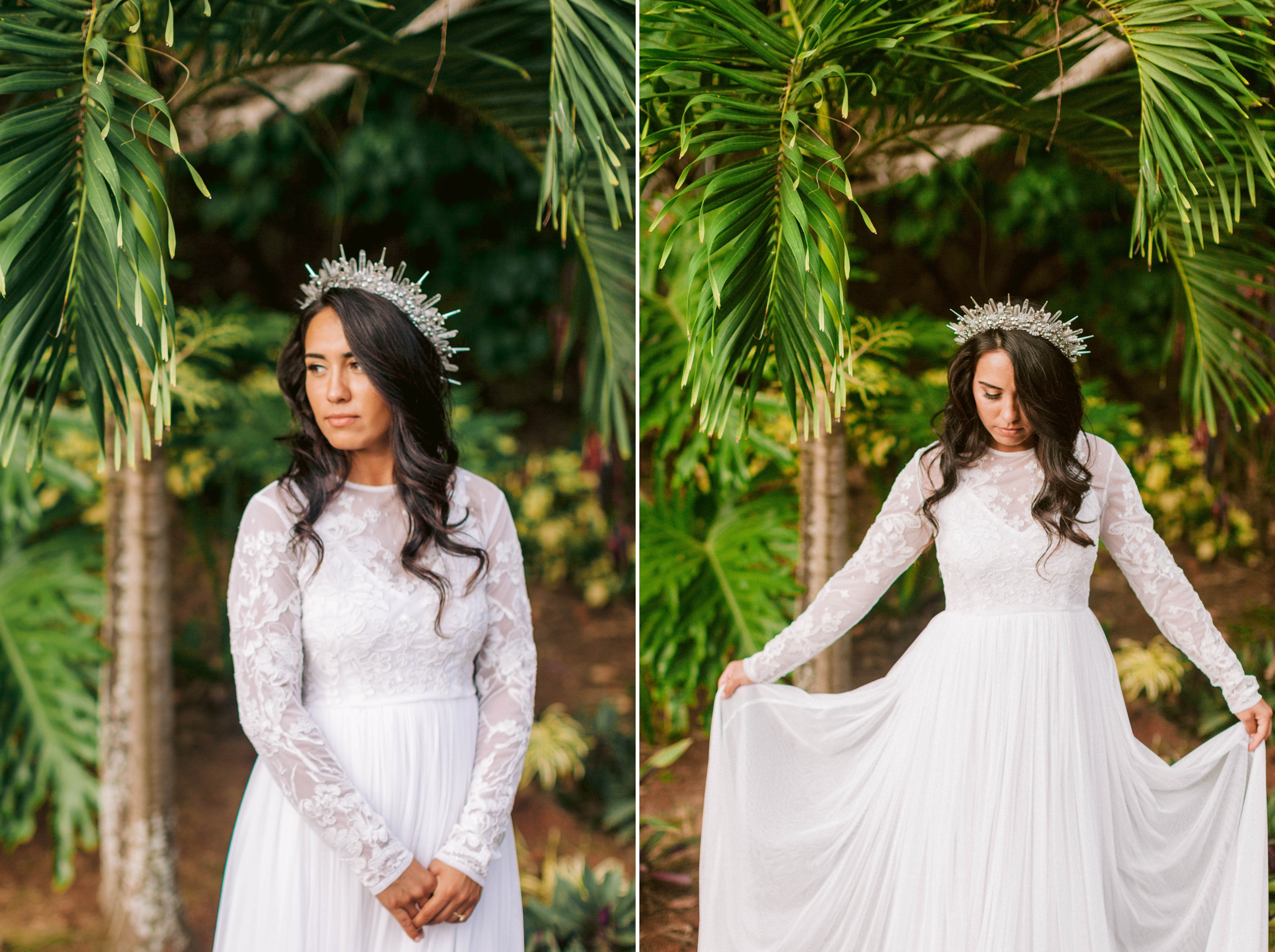  Hawaiian Bridal Portraits - Bride is wearing a wedding dress by asos and a unique crown under palm trees - Ana + Elijah - Wedding at Loulu Palm in Haleiwa, HI - Oahu Hawaii Wedding Photographer 