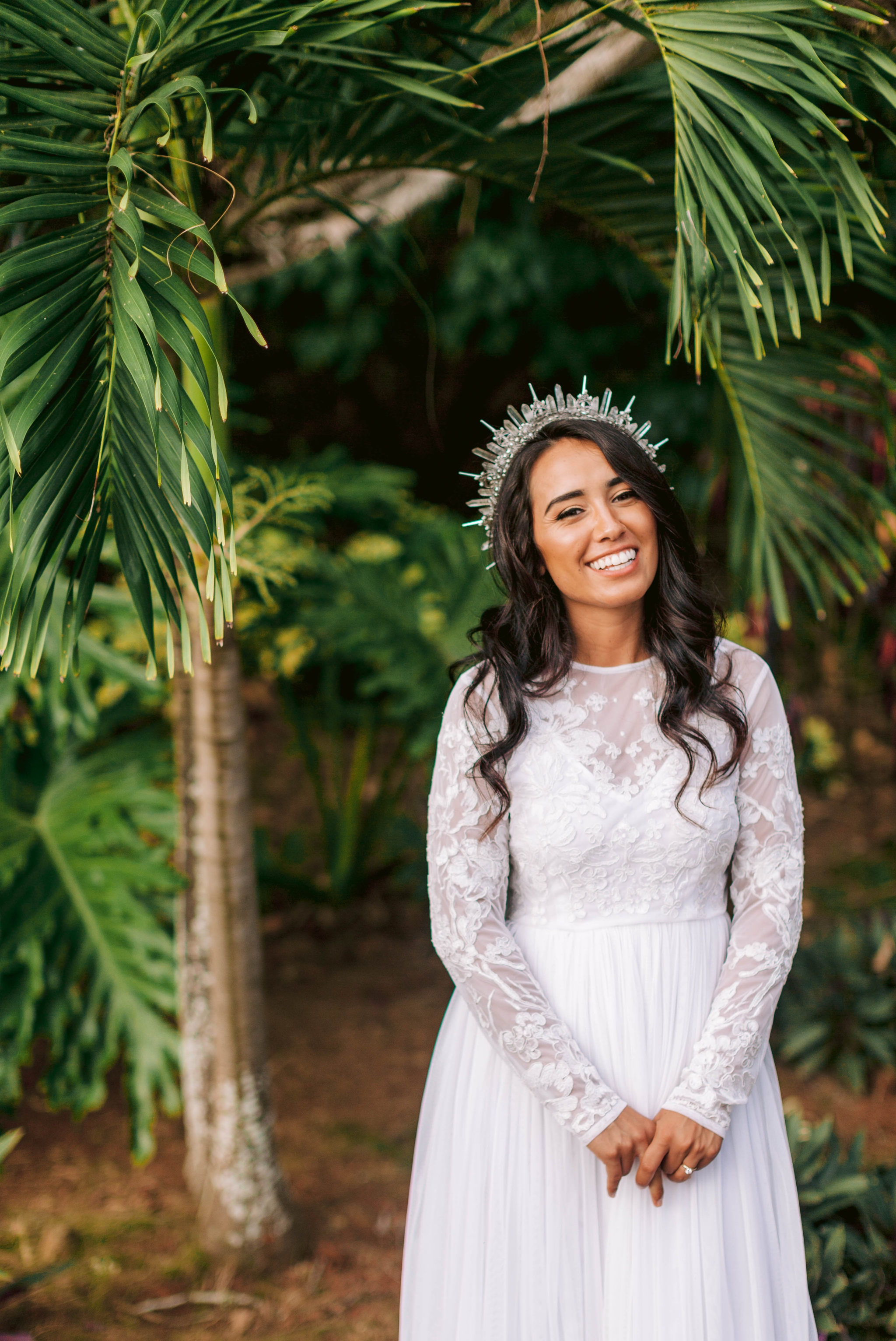  Tropical Bridal Portraits - Bride is wearing a wedding dress by asos and a unique crown under palm trees - Ana + Elijah - Wedding at Loulu Palm in Haleiwa, HI - Oahu Hawaii Wedding Photographer 