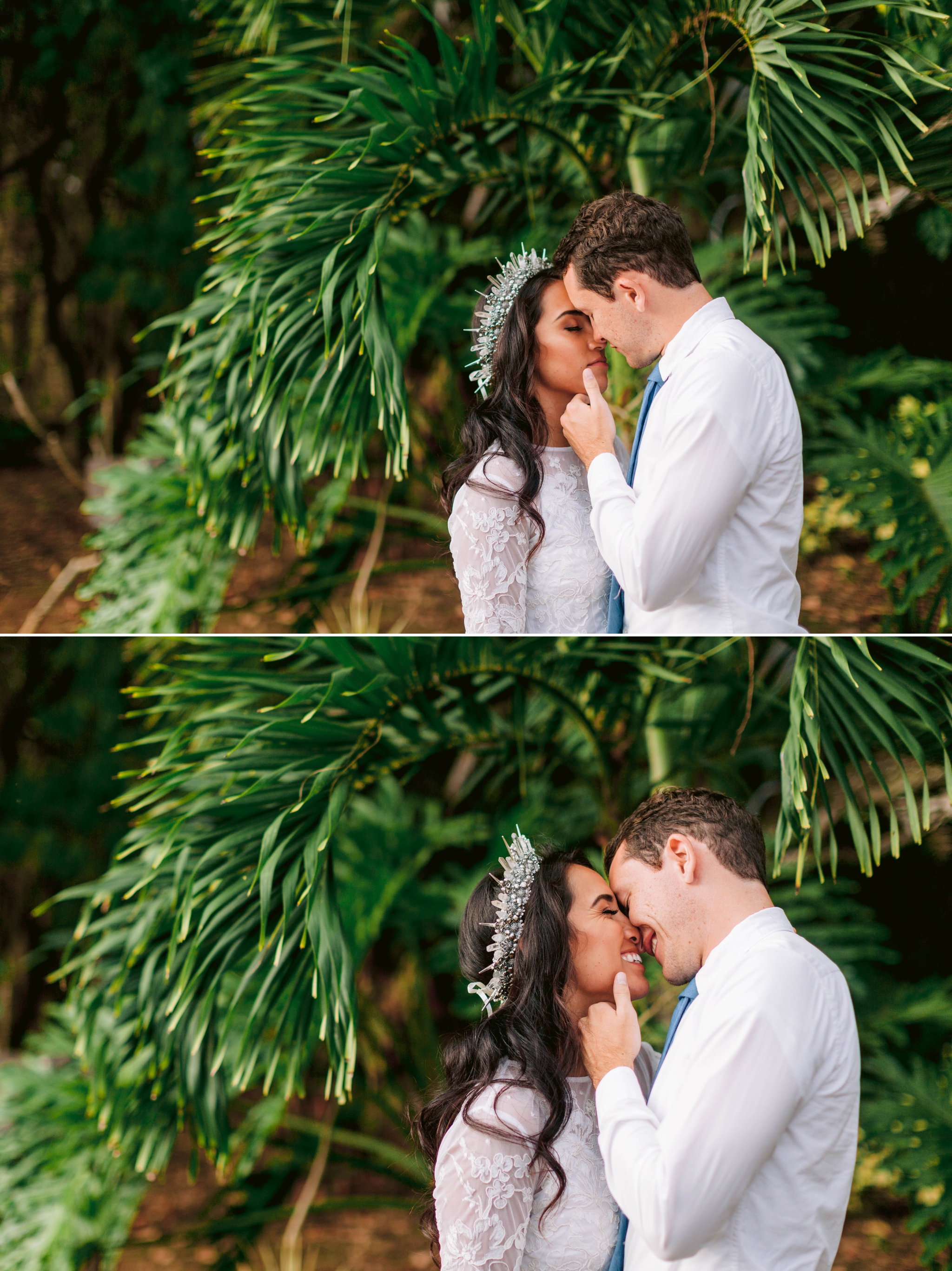  Bride and Groom kissing under palm trees -wedding dress by asos and a unique crown Ana + Elijah - Wedding at Loulu Palm in Haleiwa, HI - Oahu Hawaii Wedding Photographer - #hawaiiweddingphotographer #oahuweddings #hawaiiweddings 