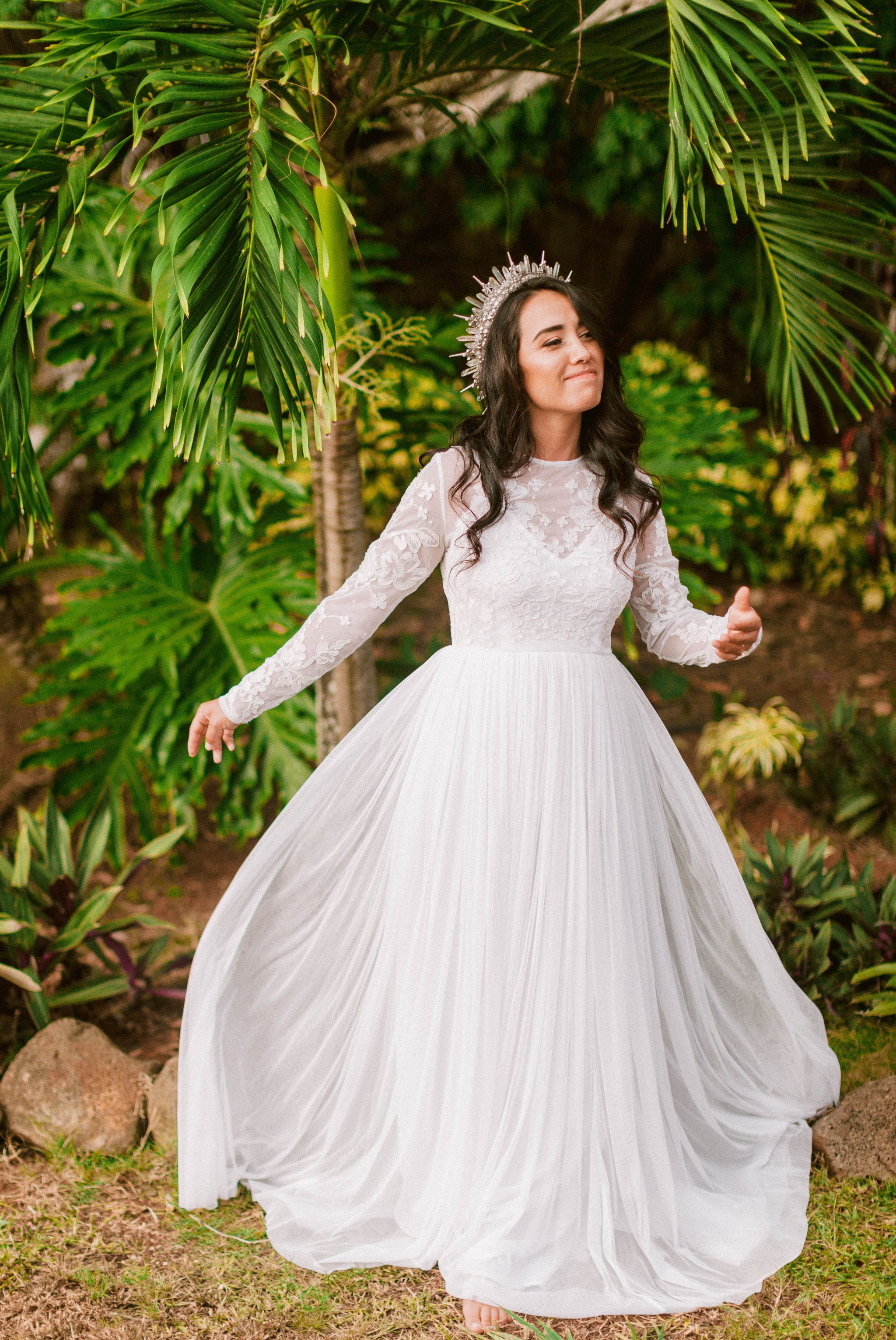  Hawaiian Bridal Portraits - Bride is wearing a wedding dress by asos and a unique crown under palm trees - Ana + Elijah - Wedding at Loulu Palm in Haleiwa, HI - Oahu Hawaii Wedding Photographer - #hawaiiweddingphotographer #oahuweddings #hawaiiweddi