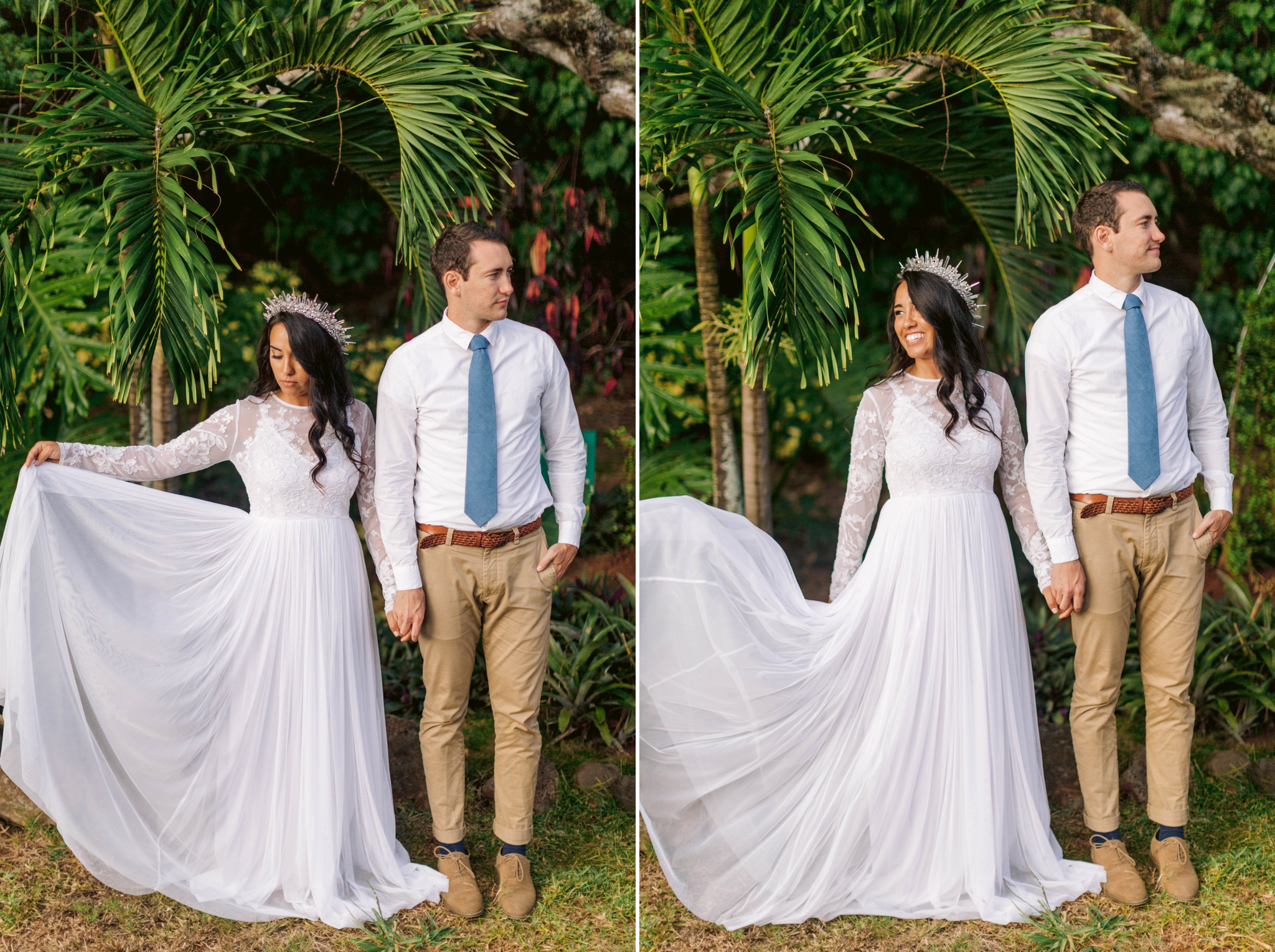  Bride playing with her asos wedding dress underneath palm trees while holding hands with her groom Ana + Elijah - Wedding at Loulu Palm in Haleiwa, HI - Oahu Hawaii Wedding Photographer - #hawaiiweddingphotographer #oahuweddings #hawaiiweddings 