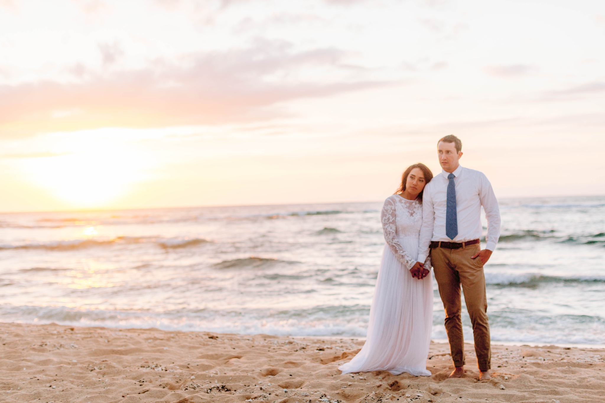  Beach Wedding Portraits at Sunset in Hawaii - Ana + Elijah - Wedding at Loulu Palm in Haleiwa, HI - Oahu Hawaii Wedding Photographer - #hawaiiweddingphotographer #oahuweddings #hawaiiweddings 