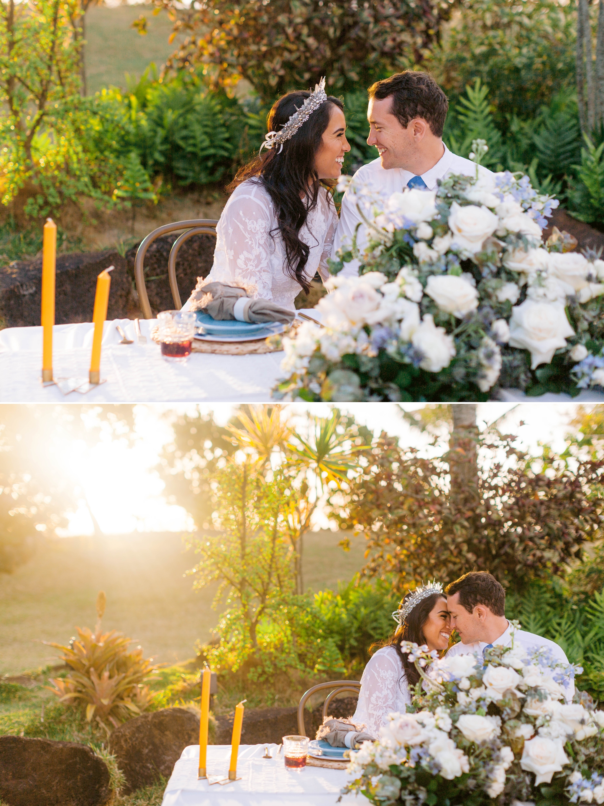  Bride and Groom at sunset for their outdoor wedding at their sweetheart table - Ana + Elijah - Wedding at Loulu Palm in Haleiwa, HI - Oahu Hawaii Wedding Photographer - #hawaiiweddingphotographer #oahuweddings #hawaiiweddings 